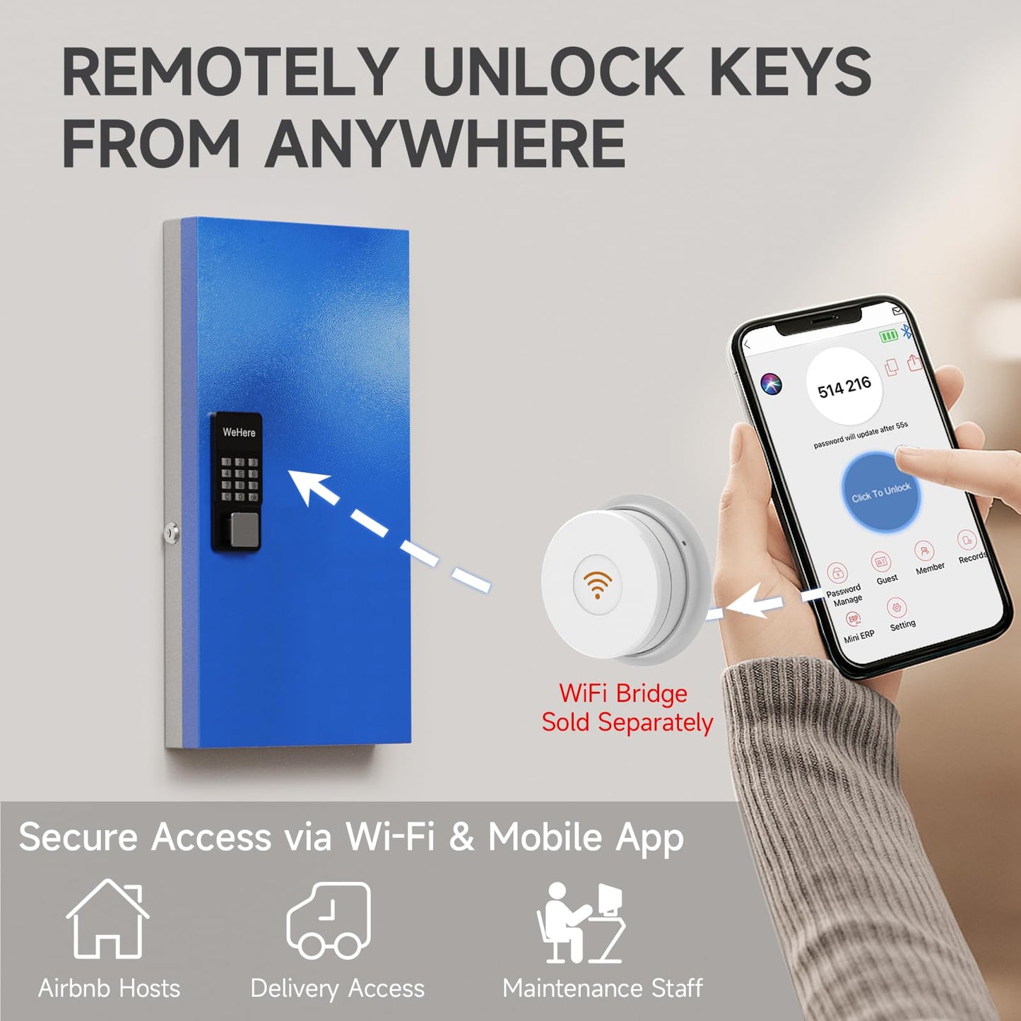 WeHere 48-Key Smart Key Lock Box Wall-Mount, Key Cabinet with Key Management App(Track Key Borrow/Return), Keypad, Bluetooth & WiFi Unlock (Sold Separately) for Commercial, School, Rental, Office