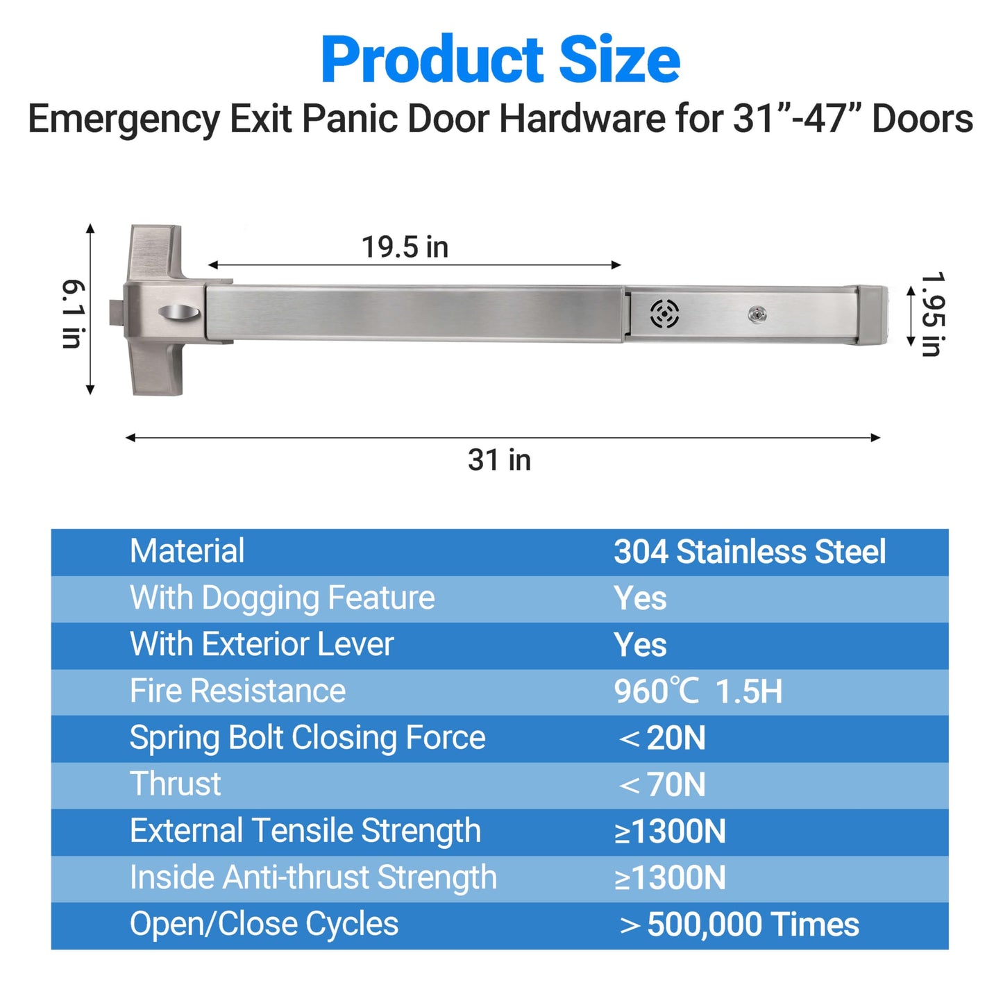 Polar Tangro Commercial Door Push Panic Bar, 31’’ Exit Alarm Device Panic Bars with Exterior Lever Handle, Stainless Steel Panic Bars with 3 Keys for Emergency Exit, Suitable for Metal, Wood Doors