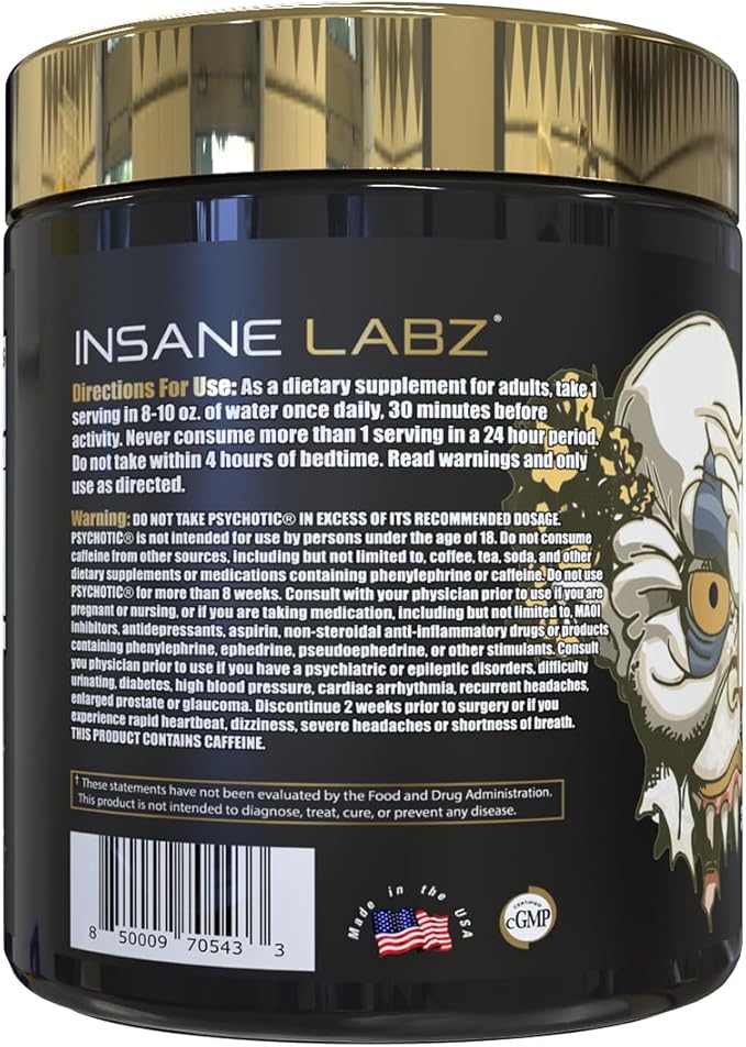 Insane Labz Psychotic Gold, High Stimulant Pre Workout Powder, Extreme Lasting Energy, Pumps and Endurance with Beta Alanine, DMAE Bitartrate, NO Booster (35 Servings, Peach Mango)