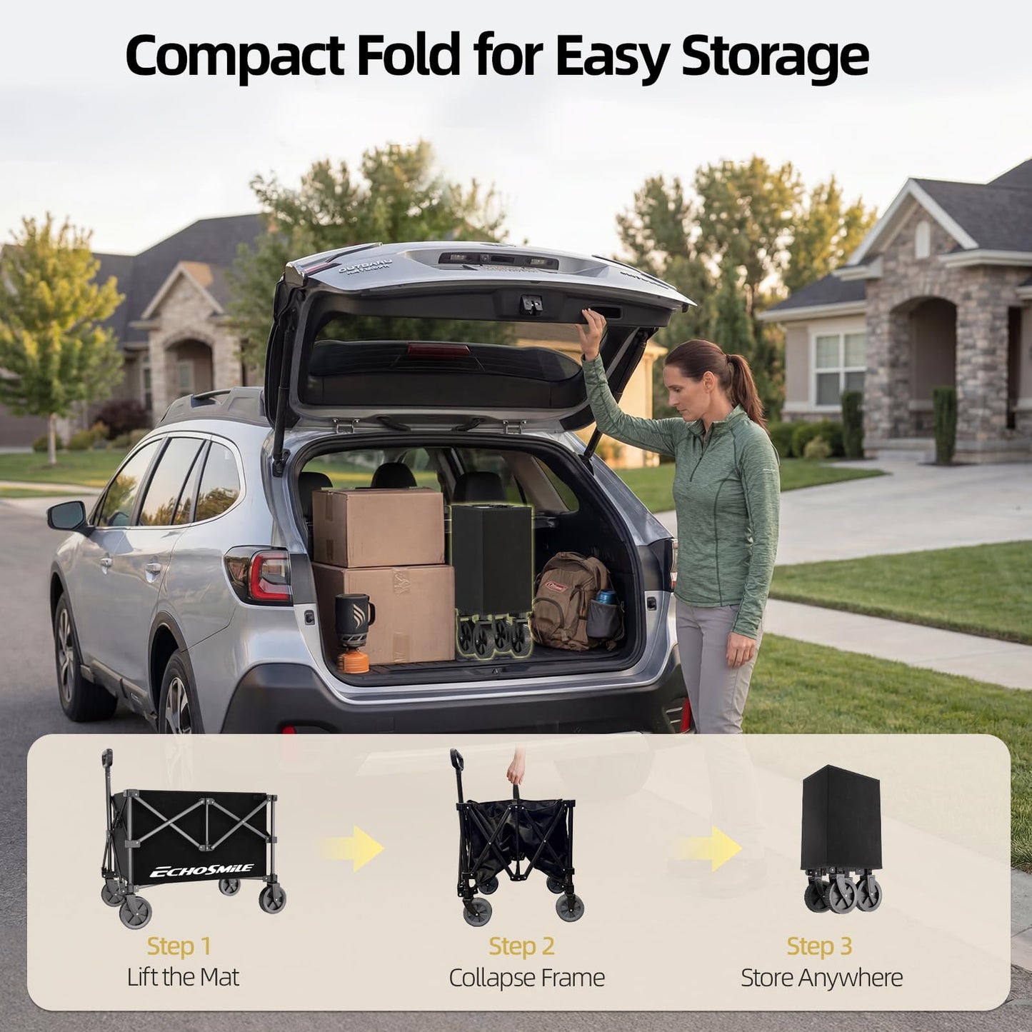 EchoSmile Lightweight Collapsible Wagon Cart, Compact Foldable Wagon for Grocery, Camping & Sports, Easy Fold Utility Wagon,Black