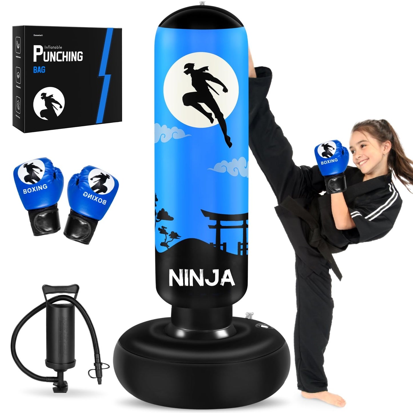Esnowlee Punching Bag for Kids,66" Larger Kids Boxing Bag with Gloves, Ninja Inflatable Punching Bag for Boxing,Karate,Gifts for Boys Age 5-12