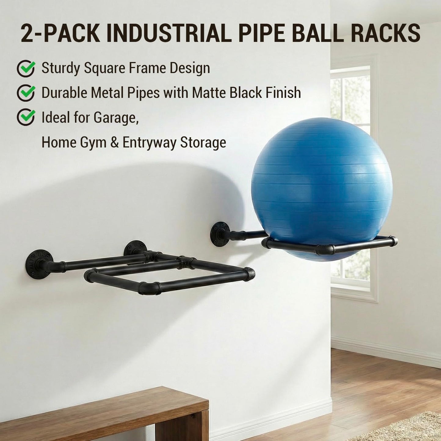 MyGift Set of 2 Yoga Ball Storage Wall Mount, Black Metal Pipe Racks for Exercise Ball Holder, Ball Storage for Home Gym or Studio