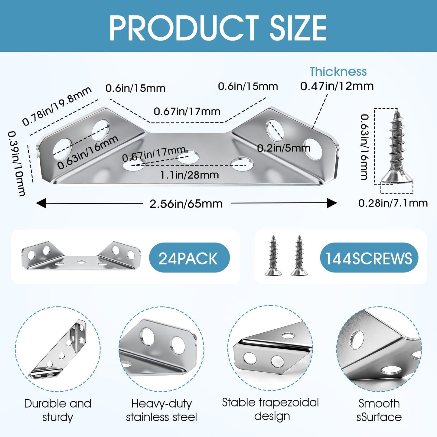 24-Pack Premium Stainless Steel Corner Brackets for Wood, Heavy Duty Furniture Corner Connectors Braces for Cabinets, Tables, Chairs, Drawers Universal Metal Triangle Brackets with 144 Screws