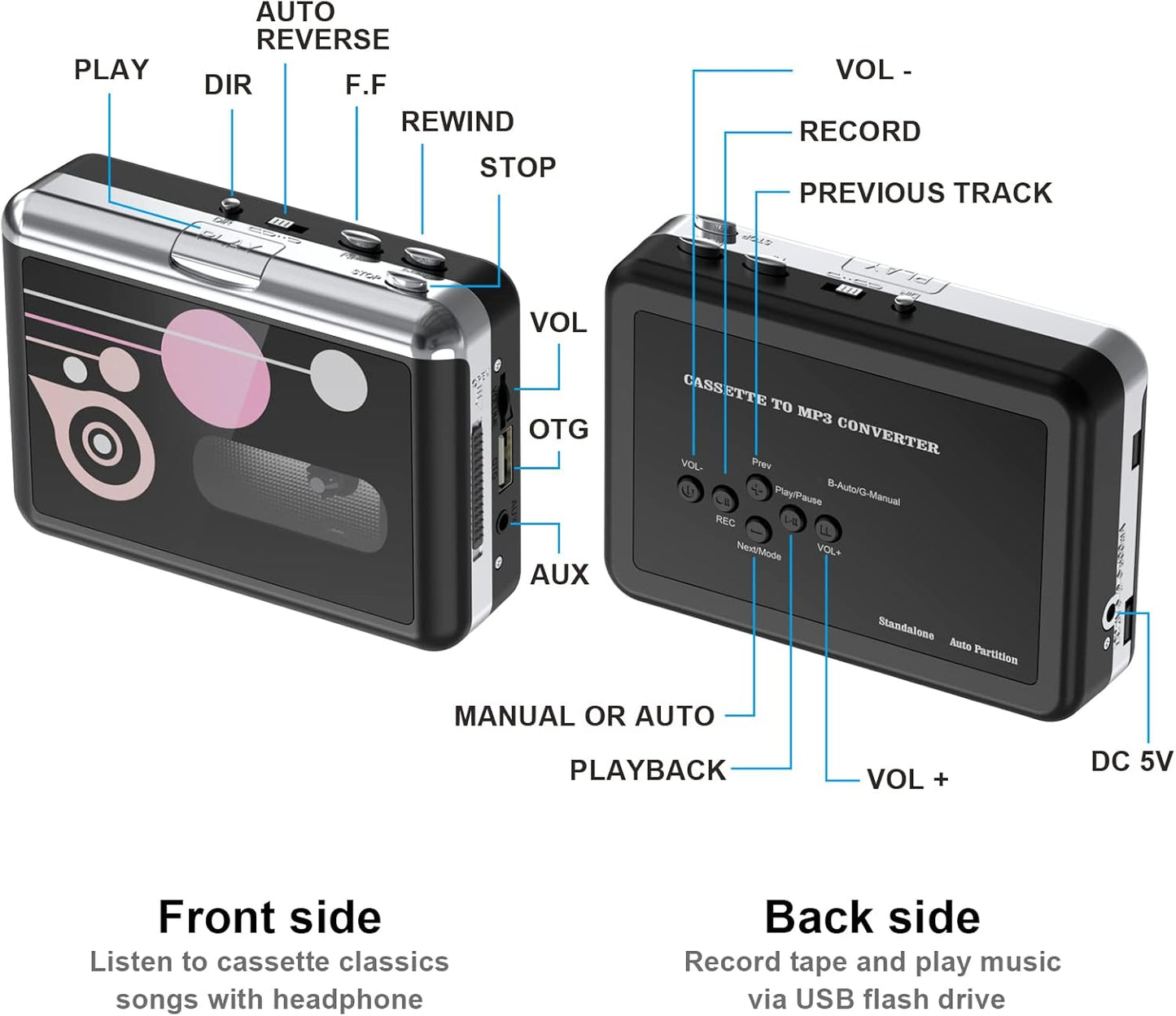 Cassette Cassette MP3 Cassette Portable Player, USB to Converter, Audio Music to Digital Converter with Headphones, No