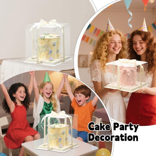 FZJ 24 Pcs Clear Gift Box with Ribbon 2-Layer 8.5x8.5x9 Inch, Transparent Cake Carrier Box with Lids, PET Tall Cake Packaging Boxes, Clear Gift Boxes for Birthday,Wedding and Festival Party