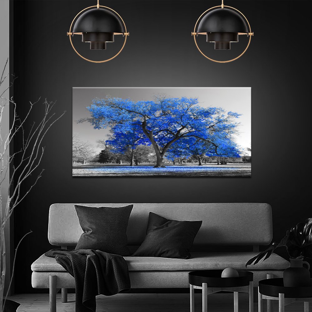 KREATIVE ARTS Canvas Prints Blue Tree Wall Art Painting Contemporary Black and White Fall Landscape Pictures Modern Giclee Stretched and Framed Artwork for Walls 20x40inch