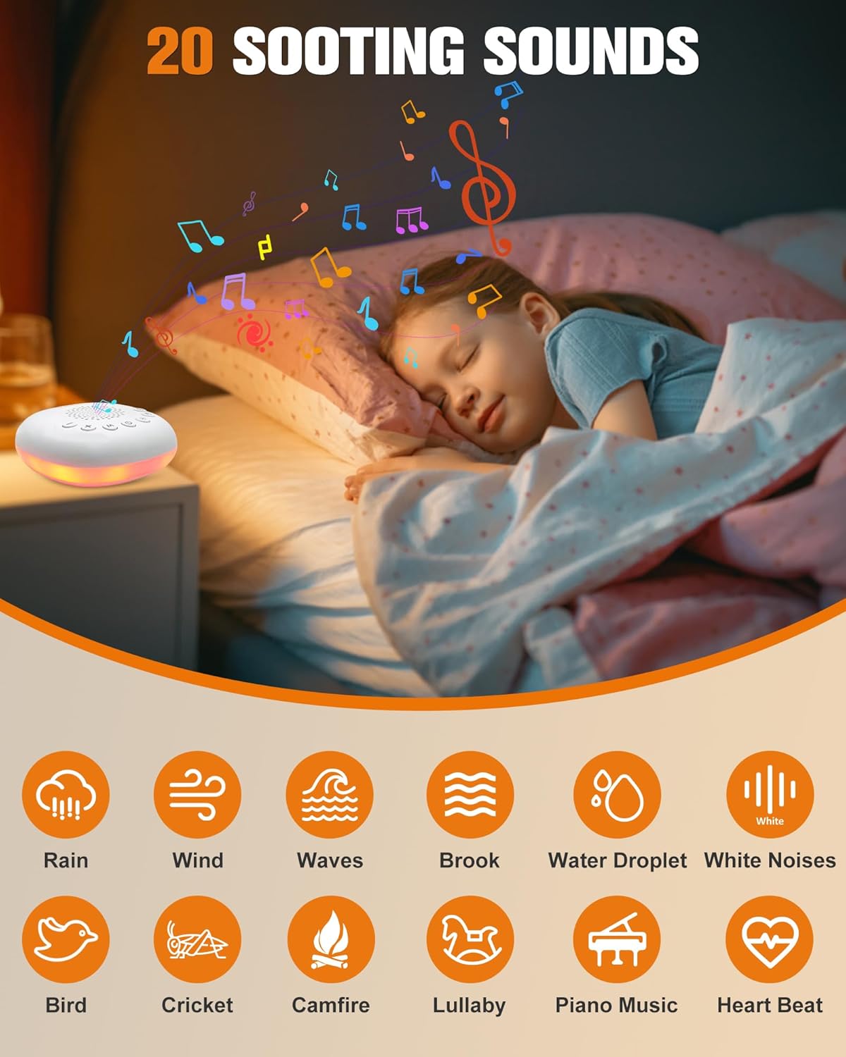 White Noise Sound Machine - Portable Sleep Aid with 20 Soothing Sounds & 9-Color Night Light