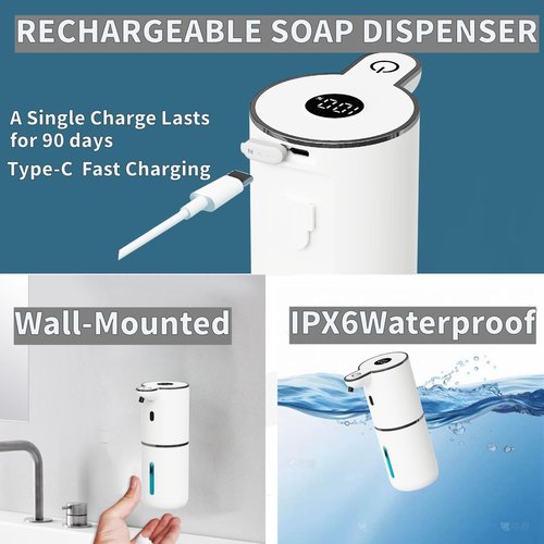 Automatic Soap Dispenser Touchless, Foaming Soap Dispenser 6 Adjustable Level Hands Free USB Rechargeable Dispenser Electric Wall Mounted Dish Dispenser Kitchen Bathroom