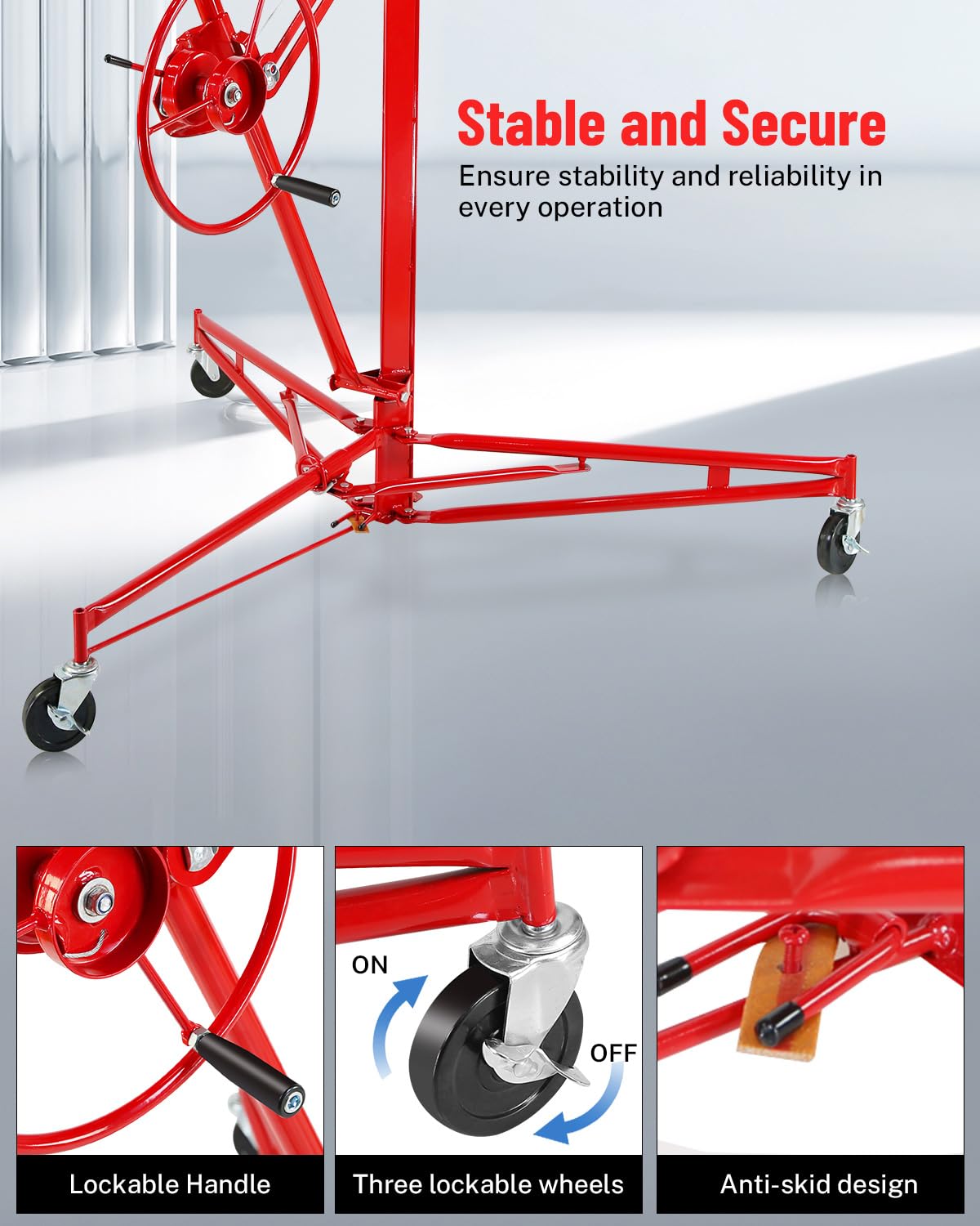 Drywall Lift Jack 150LB Capacity, 3.5FT-11FT Adjustable Height, 60° Tilt & 360° Rotation, Heavy Duty Steel Sheetrock Hoist with Wheels for Ceiling & Wall Installation, Professional Panel Lifter