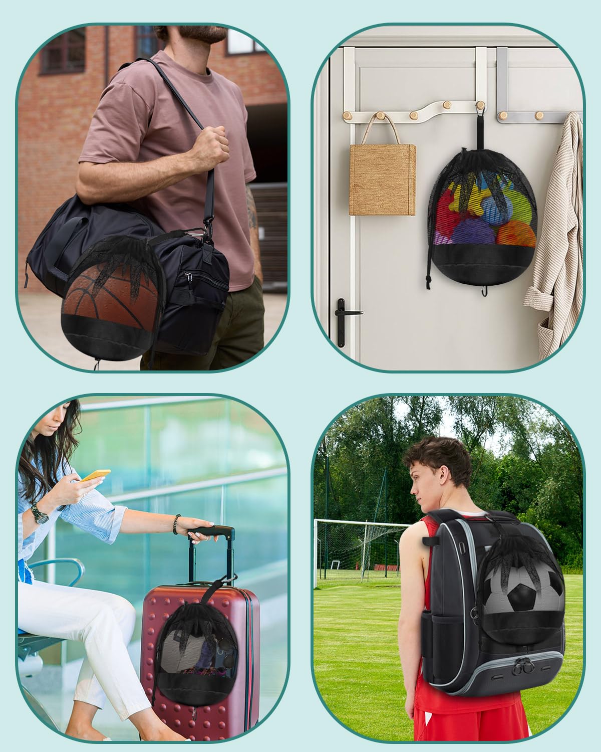 BROTOU Single Ball Bag with Double Hook, Balls Storage Bags with Zipper Pocket, Drawstring Sling Backpack for Soccer Basketball Football Volleyball Rugby (1)