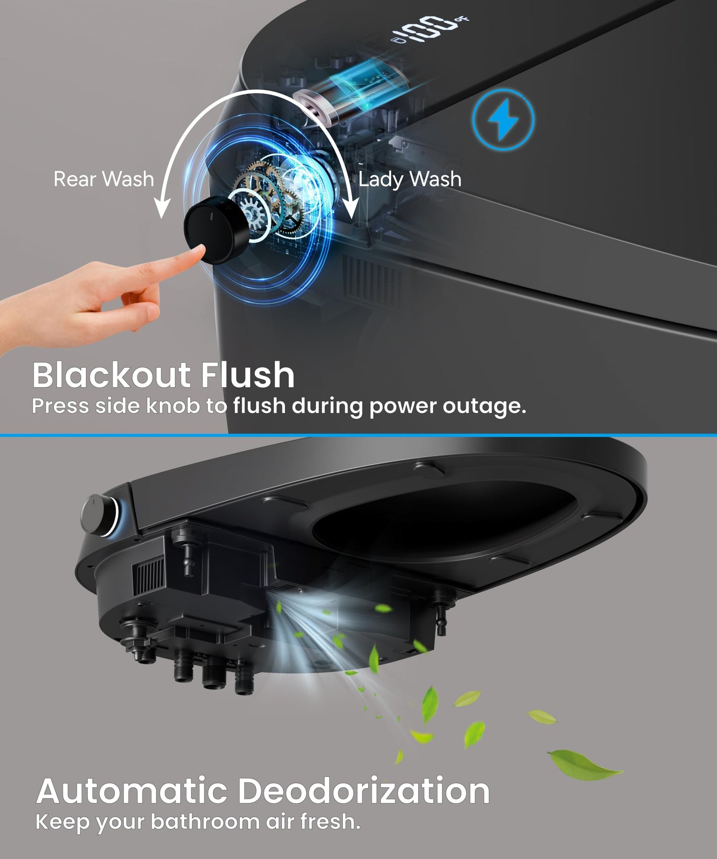 CANEST Black Smart Toilet, Tankless Bidet Toilet with Heated Seat, Foot Sensor Operation, Auto Open & Close, Dual Auto Flush, Warm Water, LED Display, Night Light, Wireless Remote Control (TC-200BG)