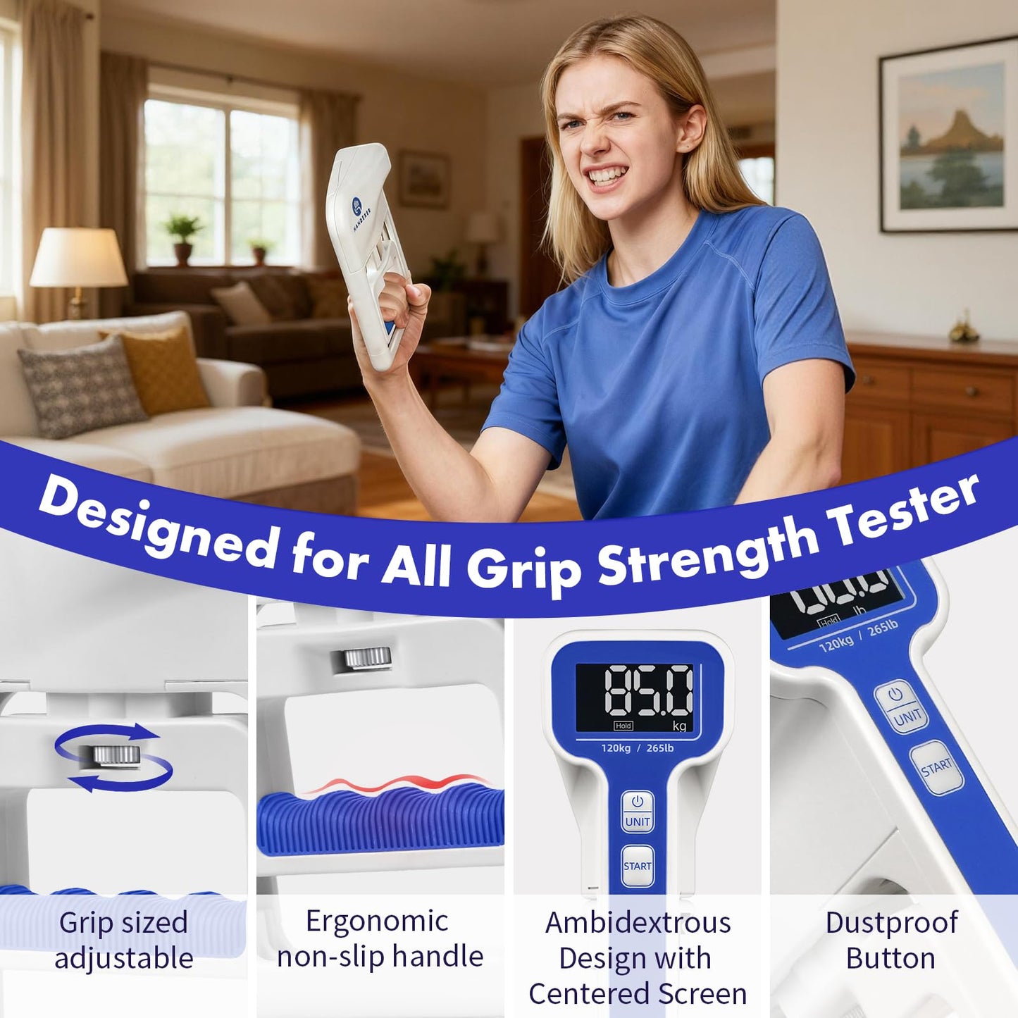 Handexer Grip Strength Tester 265lb/120kg, Digital Hand Dynamometer FDA Registered with Backlit LCD for Grip Strength Testing and Training