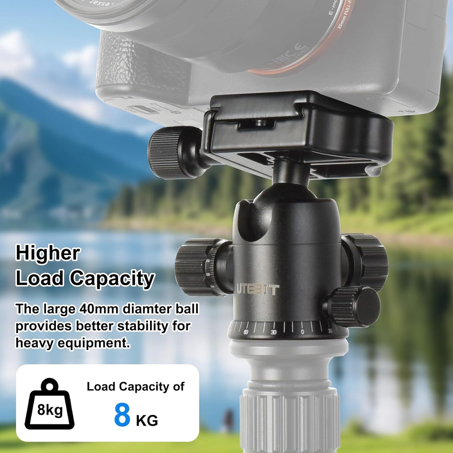UTEBIT 40MM 360 22lbs/10kg 1/4" Metal Tripod Ball Head with Camera Quick Release Plate Swivel Camera Ball Mount Load