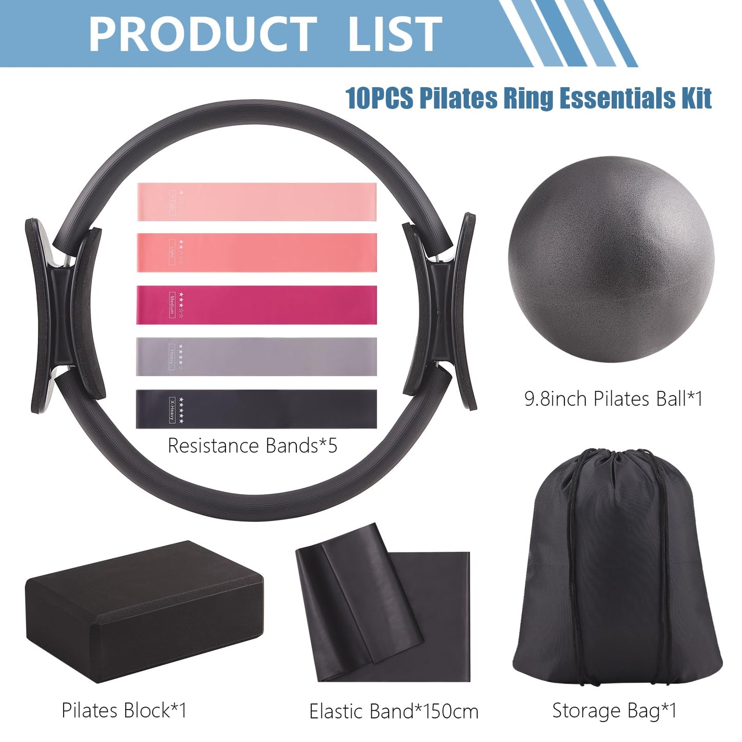 Daywhote 10 Pcs Black Home Pilates Essential Kit Workouts Fitness Mini Ball Womens Pilates Set Beginners Yoga Magic Circle