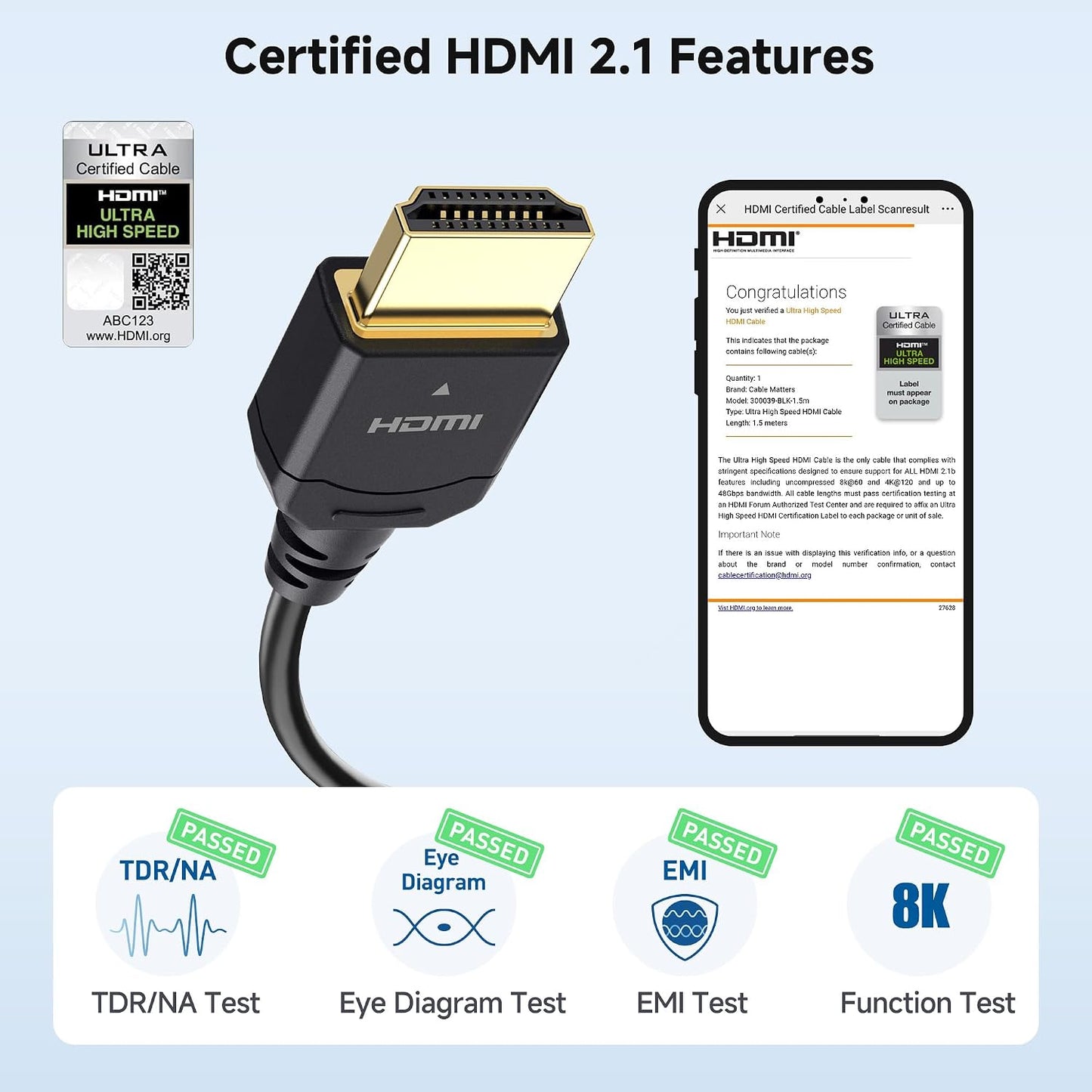 48Gbps 2.1 4.9ft, [8K@60Hz, 4K@240Hz, Dolby HDMI2.1 PS5, Cable Matters [Ultra High Speed HDMI Certified] Ultra Thin