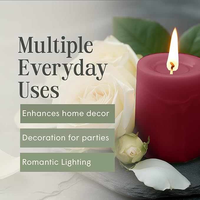 Mister Candle Dripless Unscented Pillar Candles, Set of 3 Hand Poured Solid Color Non-Scented Candles for Home Decor, Premium Wax, 60 Hr Burn Time - 3x4 Inch, Burgundy