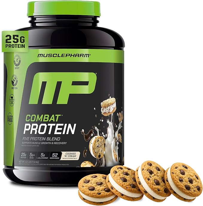 MusclePharm Combat Protein Powder, Cookies ?˜N??Cream Flavor, Fuels Muscles for Productive Workouts, 5 Protein Sources including Whey Protein Isolate & Egg Albumin, Gluten Free, 4 lb, 52 Servings