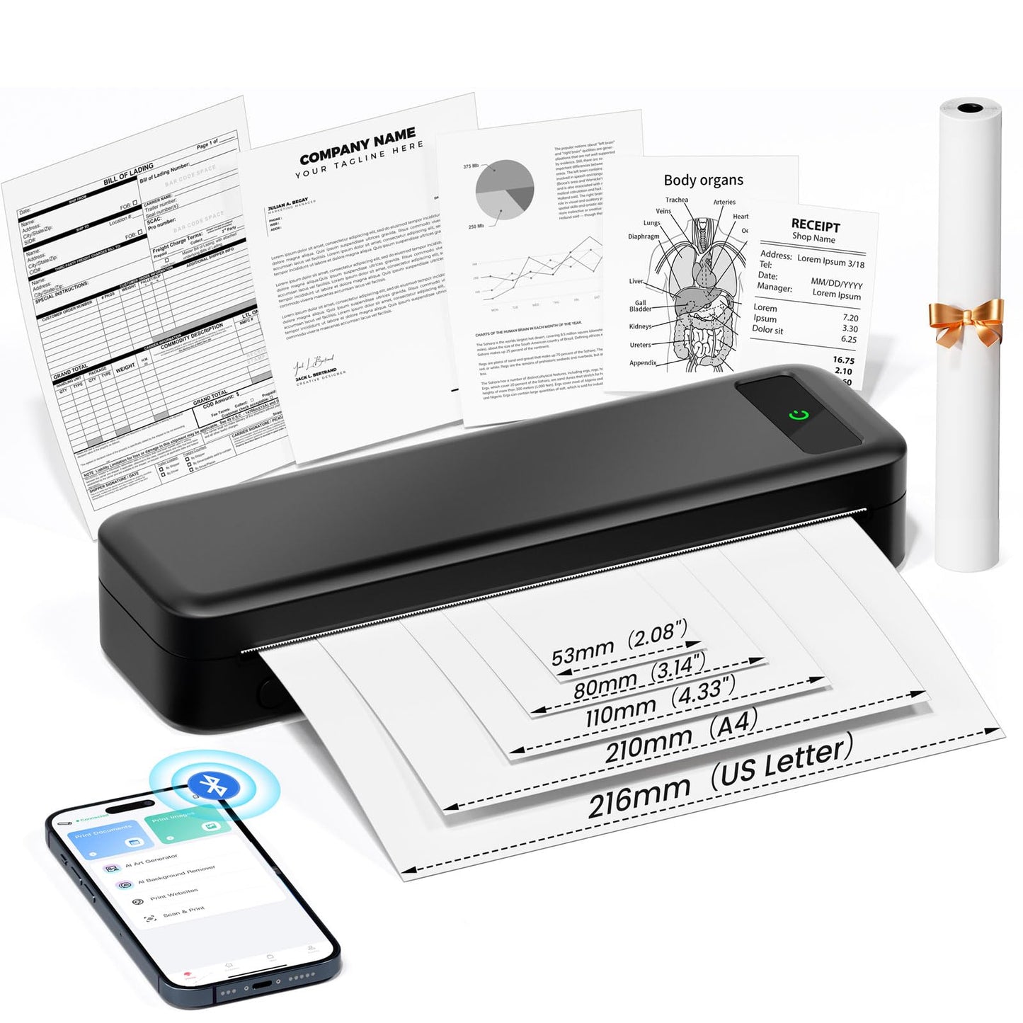 Portable Printers Wireless for Travel, A285M Small Inkless Thermal Printer, Bluetooth Mobile Printer Support 8.5" X 11" Letter & A4 Thermal Paper, Compatible with iPhone Laptop for Home Office Receipt