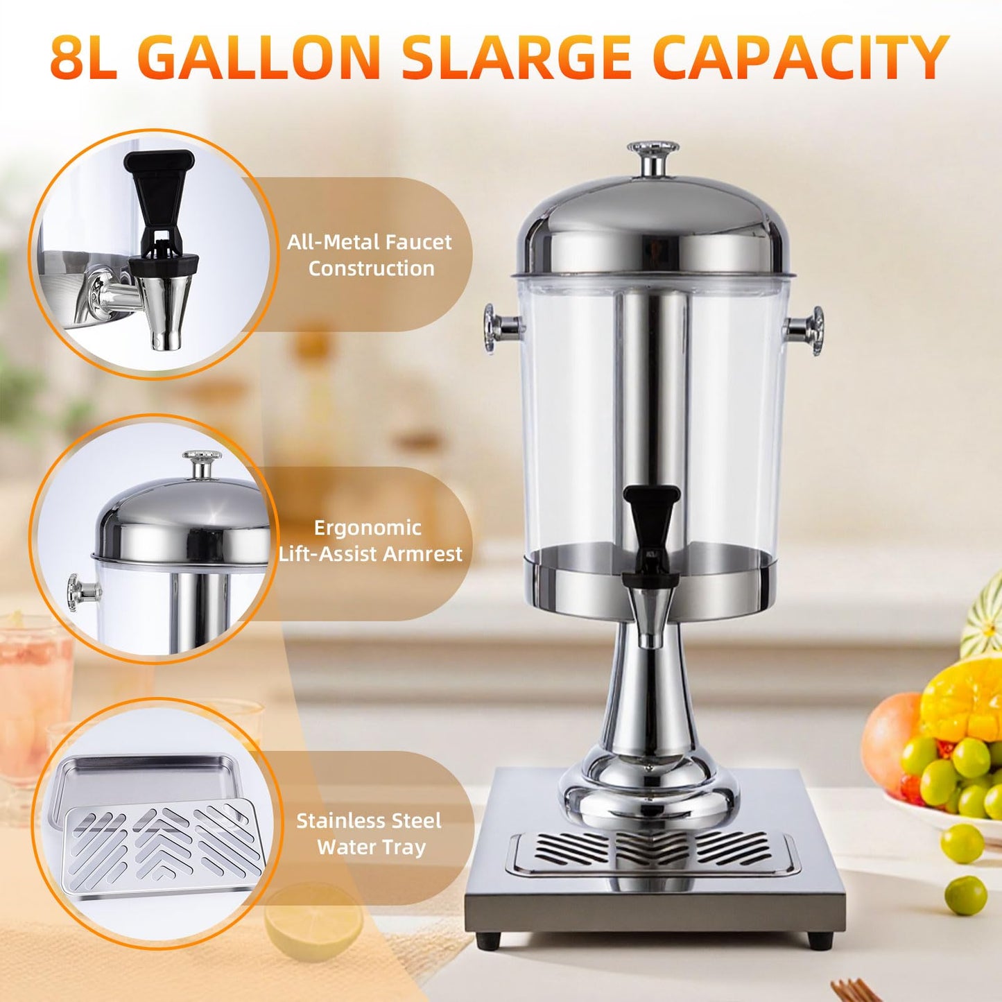 2.11Gallon Commercial Beverage Dispenser with Centre Ice Core and Stand Drip Trays Stainless Steel Cold Drink Dispenser for Parties Pub Cafeteria Restaurant Home Hotel (silver, Three Head)