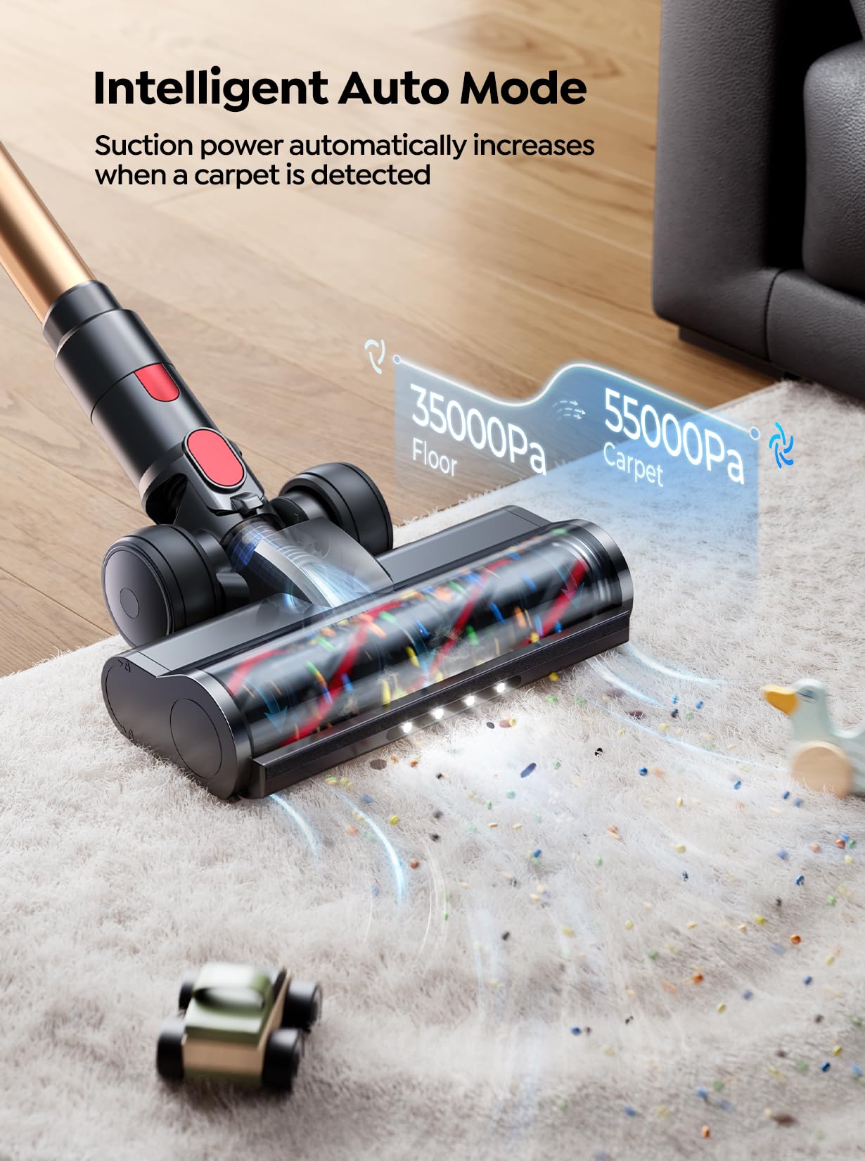 Cordless Vacuum Cleaner, 55KPA 650W 70Mins Stick Vacuum Cleaners for Home with Motorized Bed Brush, Flexible Hose, LED Touchscreen, Auto Mode, Self-Standing & Wall Mount, for Pet Hair Carpet Floor