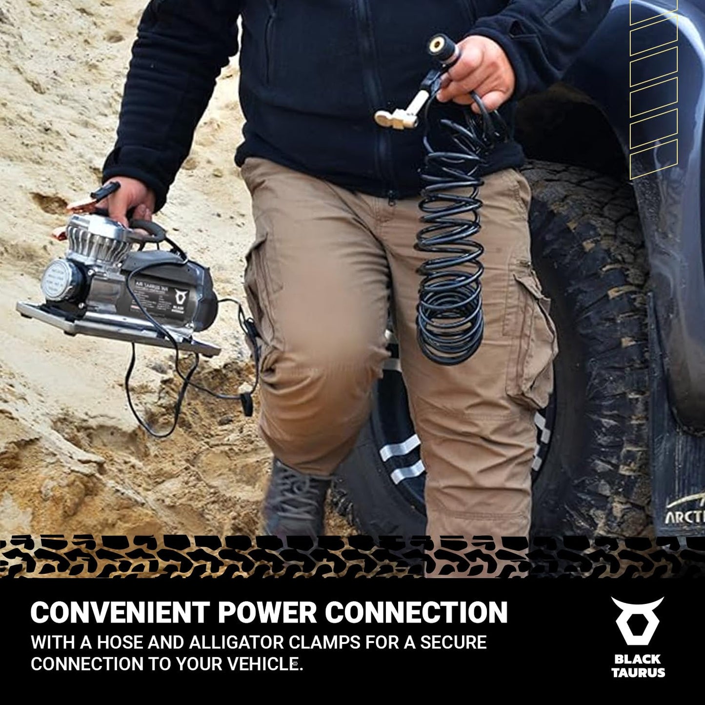 Black Taurus Portable Air Compressor - 12V Air Compressor / 24V 150 PSI for Car, Truck & 4x4, Dual Motor Heavy Duty Tire Inflator, Tire Inflator with Gauge, Long Air Hose - Air Compressor 369