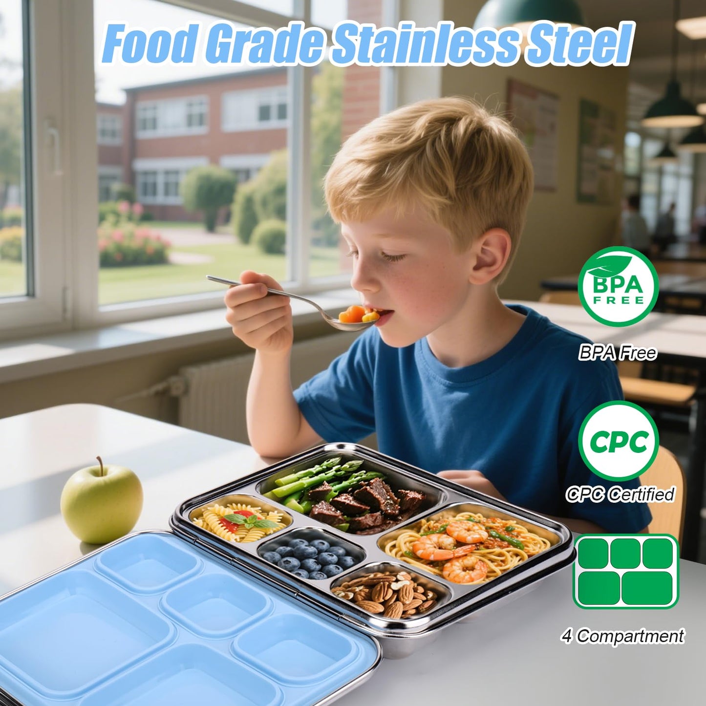 Palksky Lunch Bento Box Stainless Steel, Metal Bento Boxes for Kids Leak-Proof, 5 Compartments Lunchable Food Storage Containers with Lid for School, Office, Travel - Blue