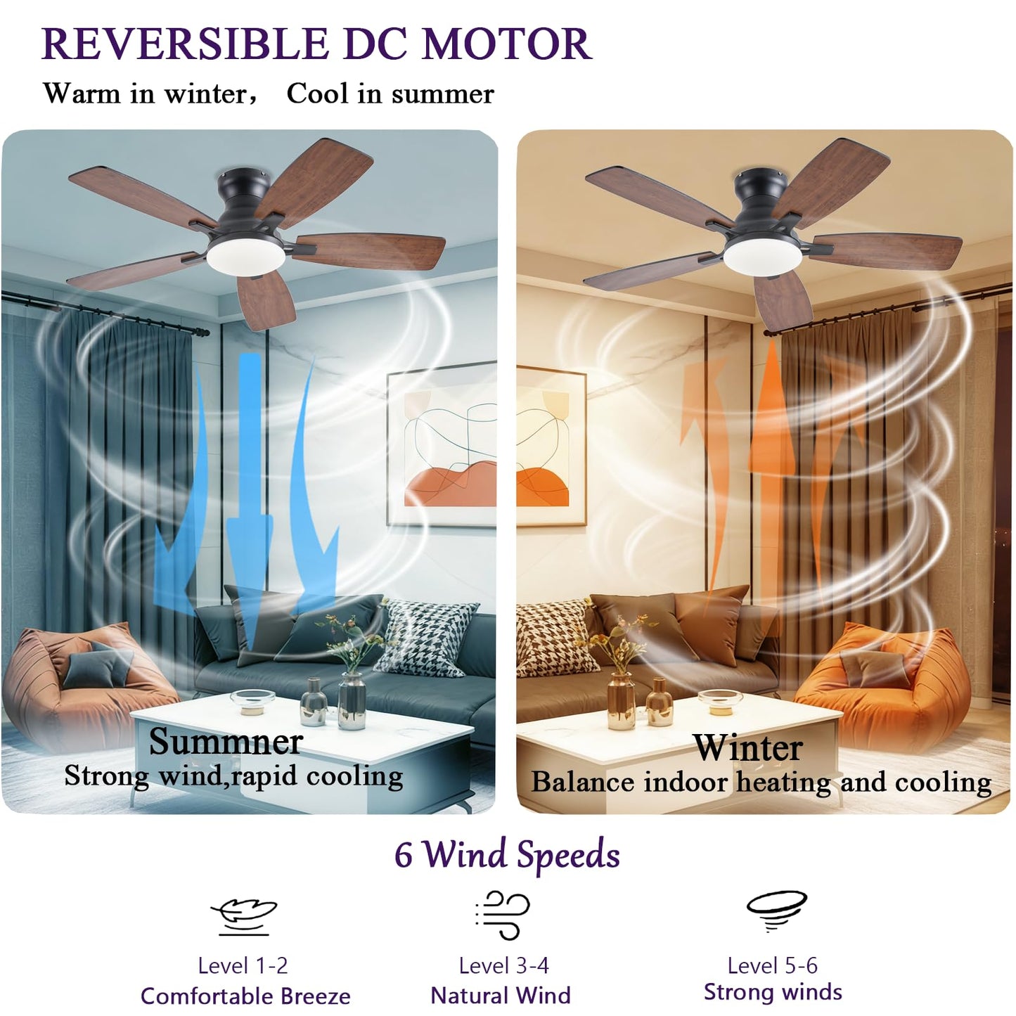 NKPU Ceiling Fans with Lights, Low Profile Ceiling Fan with Light and Remote/APP Control, DC Motor, Noiseless, Flush Mount, 42inch Brown Ceiling Fan for Bedroom Indoor/Outdoor Use