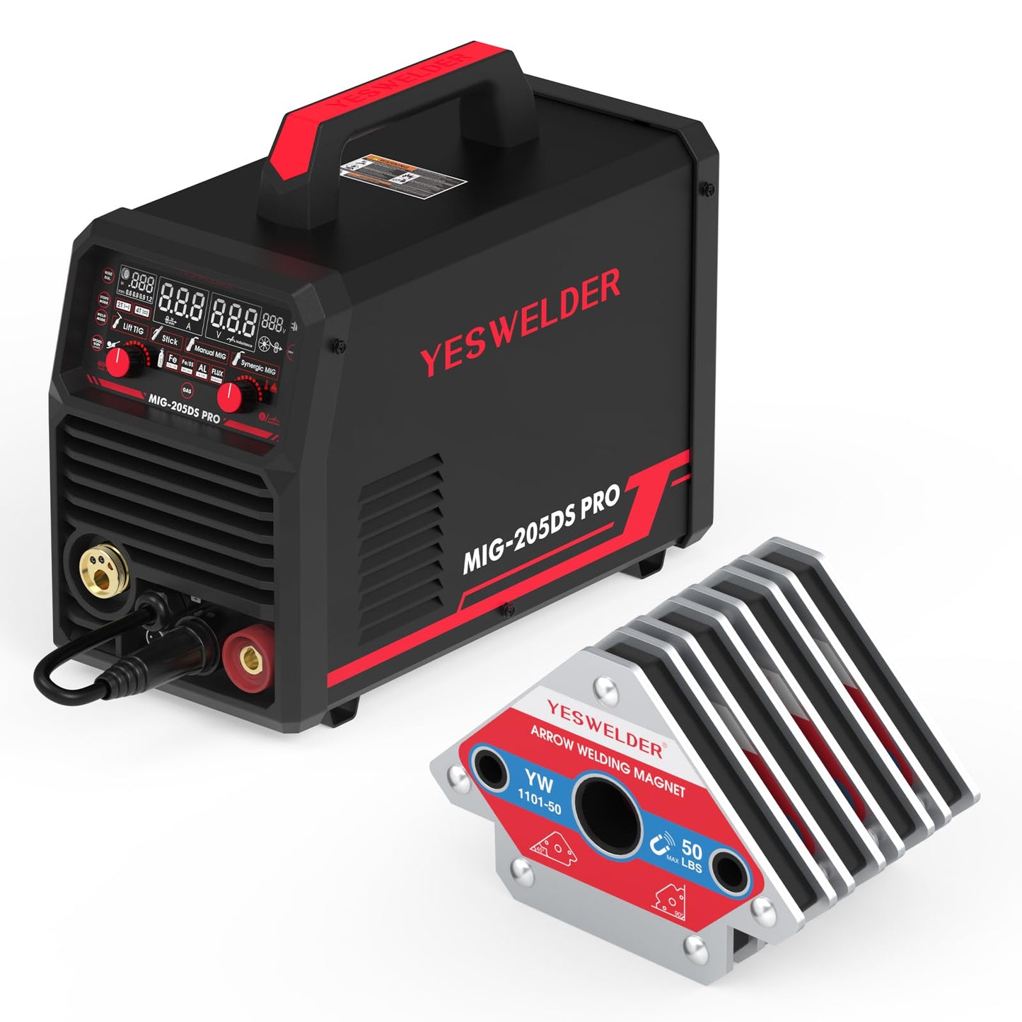 YESWELDER MIG-205DS PRO MIG Welder 5 in 1 Gas MIG/Flux Core MIG/Spool Gun MIG/Lift TIG/Stick & 50 LB Welding Magnet-4 Pieces of Magnetic Welding Holder 50 LBS Holding Power Welding Accessories