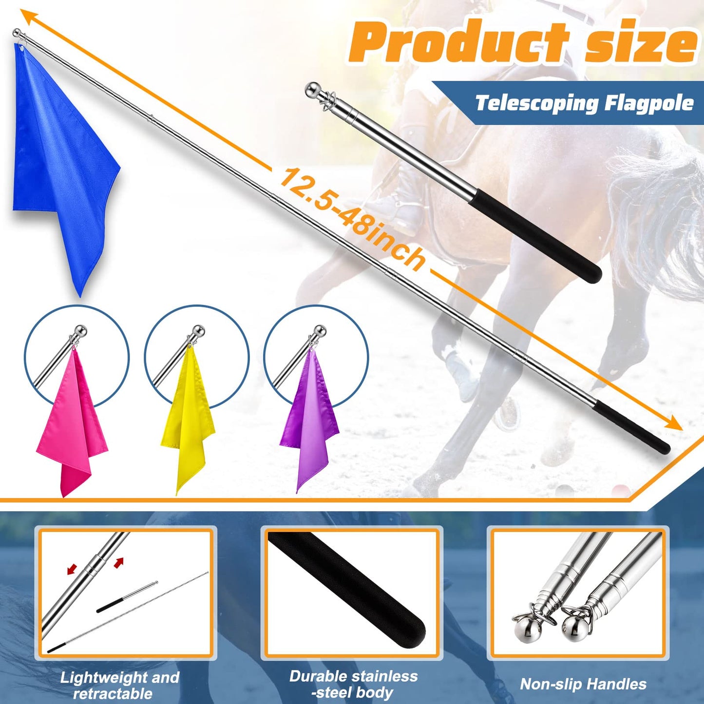 Equestrian Training Flag 4 Pieces Equestrian Training Equipment Nylon Flag with Flagpole(Yellow, Pink, Purple, Dark Blue)