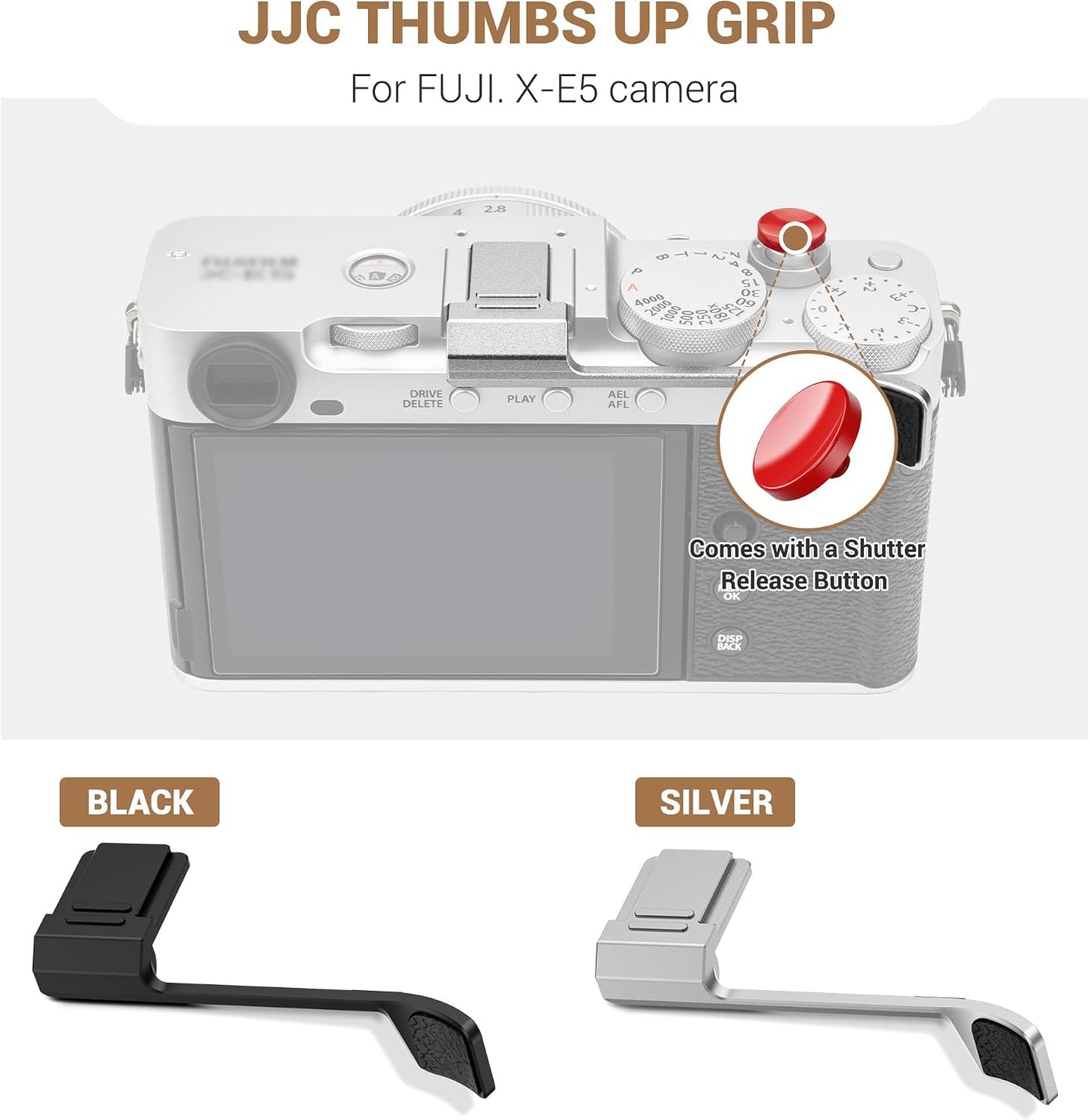 X-E5 XE5 JJC Metal Thumb Grip & Shutter Release Button for Fuji Fujifilm Mirrorless Camera, Hot Shoe Cover Protector