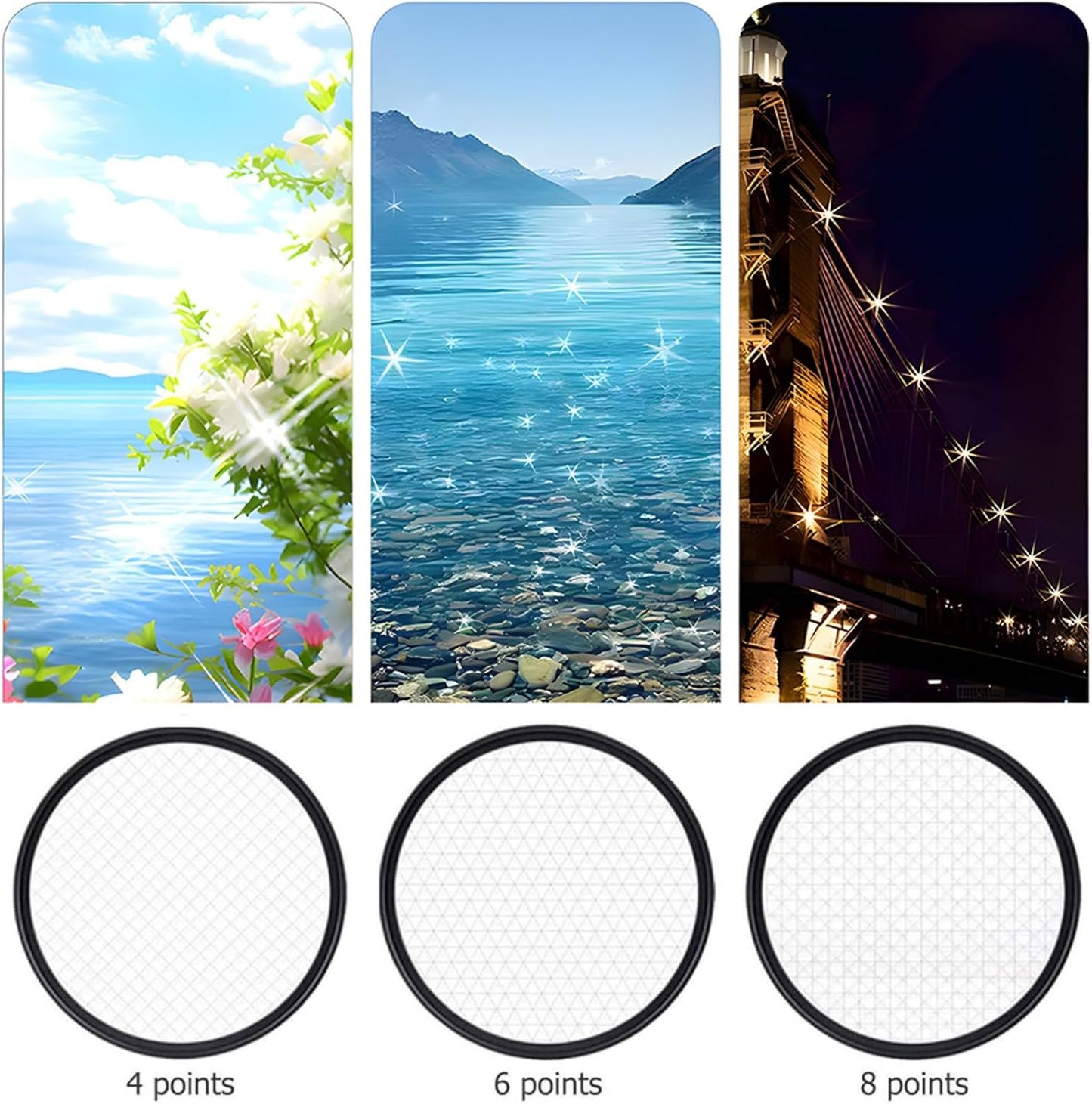 YOFOTIXAUU 37mm (3pcs) 4 6 8 Set, (37mm) Star Filters Kit Points Cross Screen Starburst Filters Lens Cap & Cleaning