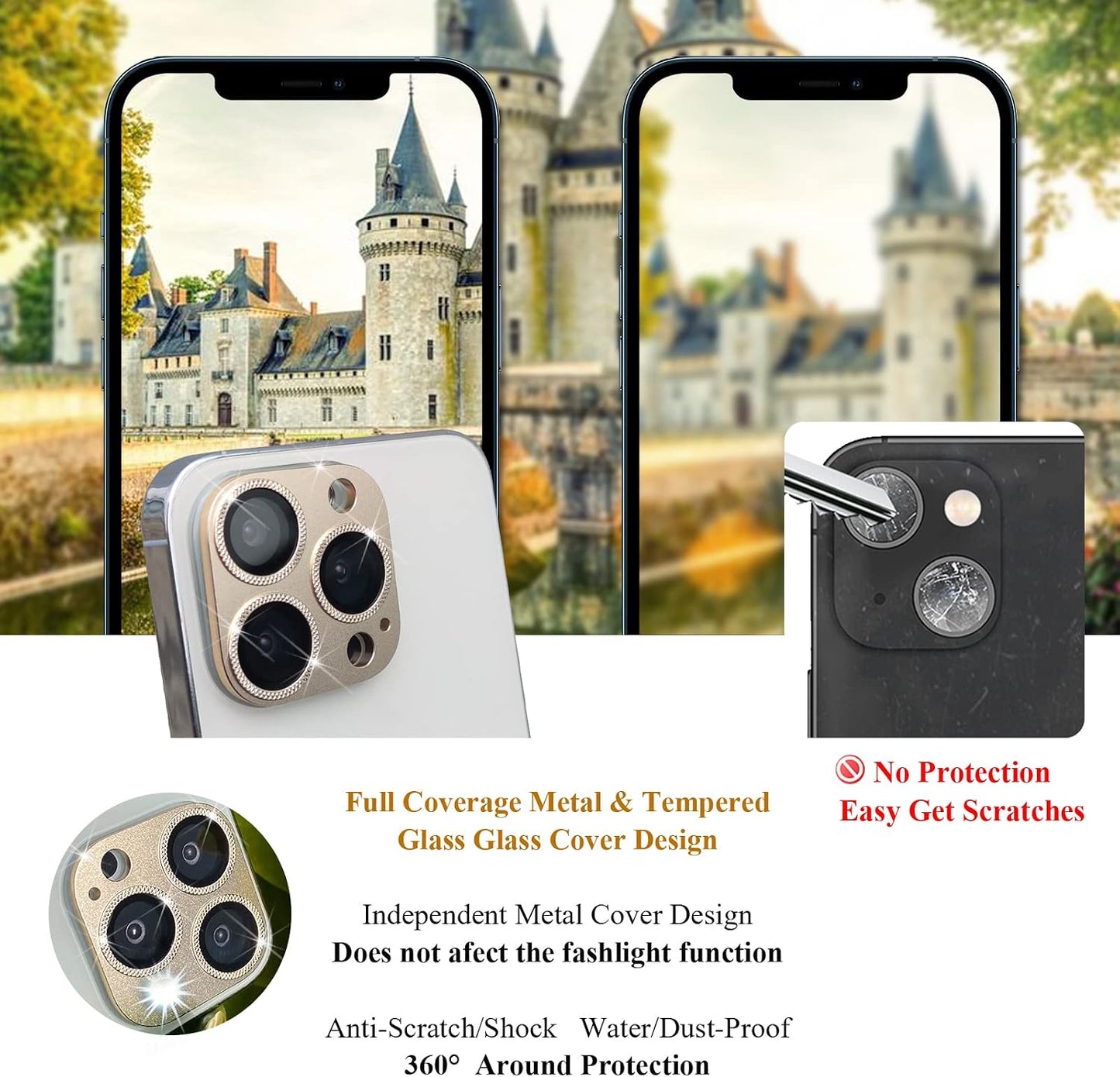 2 Pack 13 9H Camera Lens Protector Compatible for iPhone Pro/Max,Aluminum Alloy Metal & Tempered Glass Camera Cover
