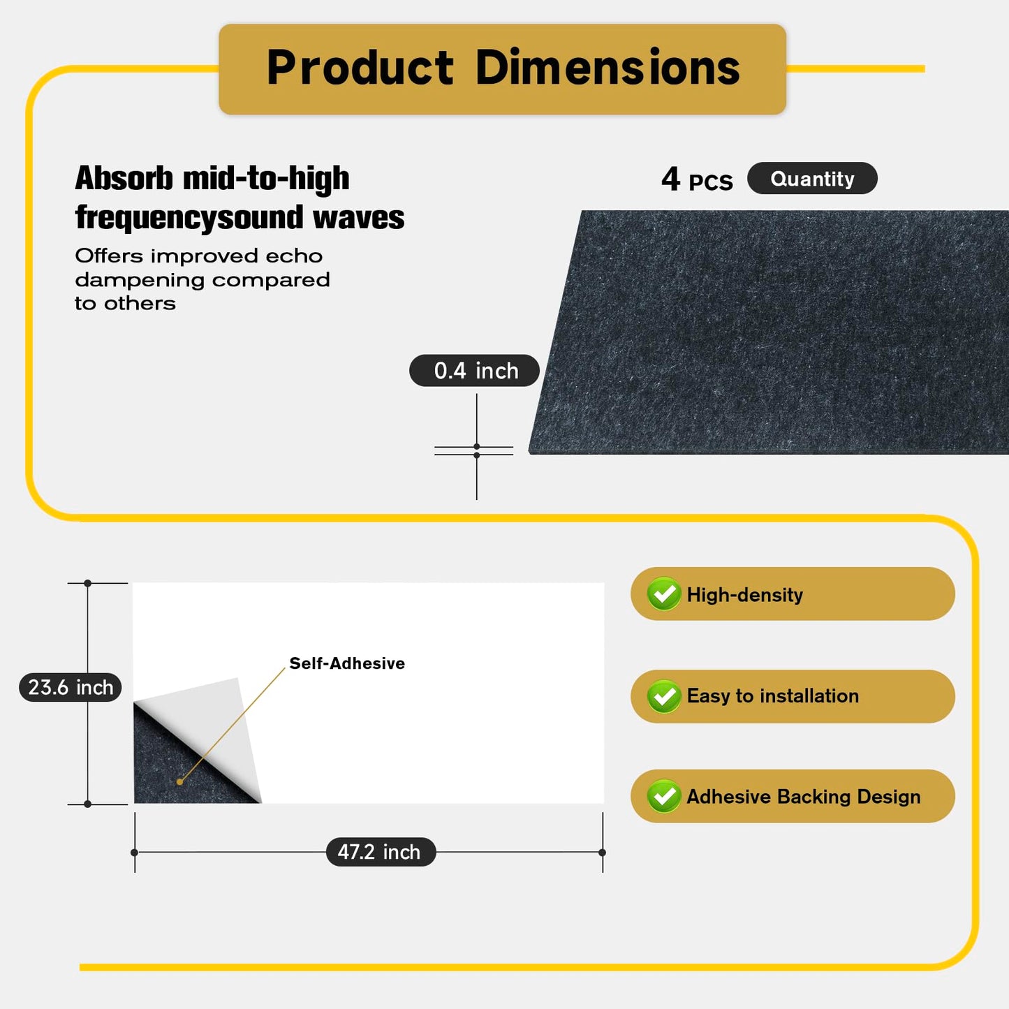 4 PCS Acoustic Panels, 47.2" x 23.6" Self-Adhesive Soundproof Wall Panels, High Density Noise Absorption Panels (Dark Grey)