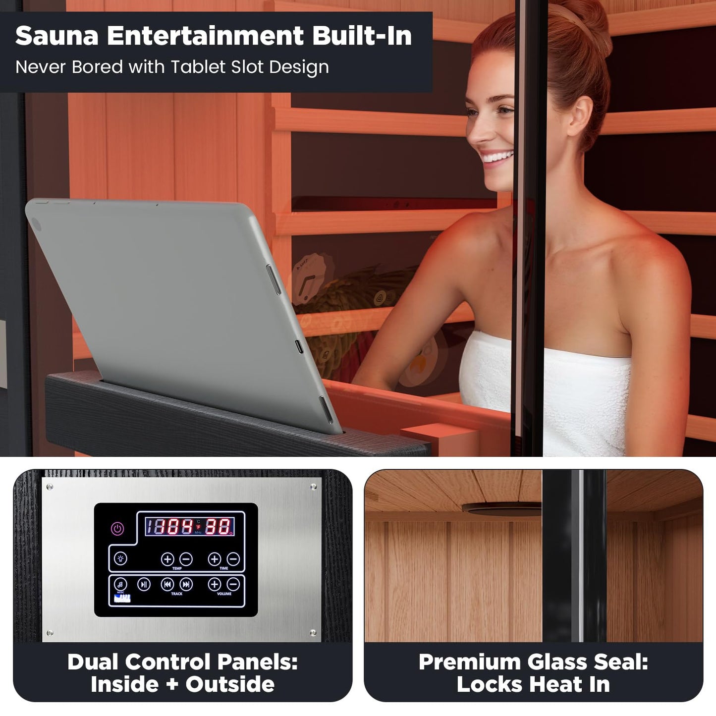 DAIMOT 2-Person Full Spectrum Infrared Sauna, 1990W 120V with 12"*12" Red Light Therapy, 2 Speakers, Indoor Dry Sauna for Home & Gym, Canadian Hemlock Wood