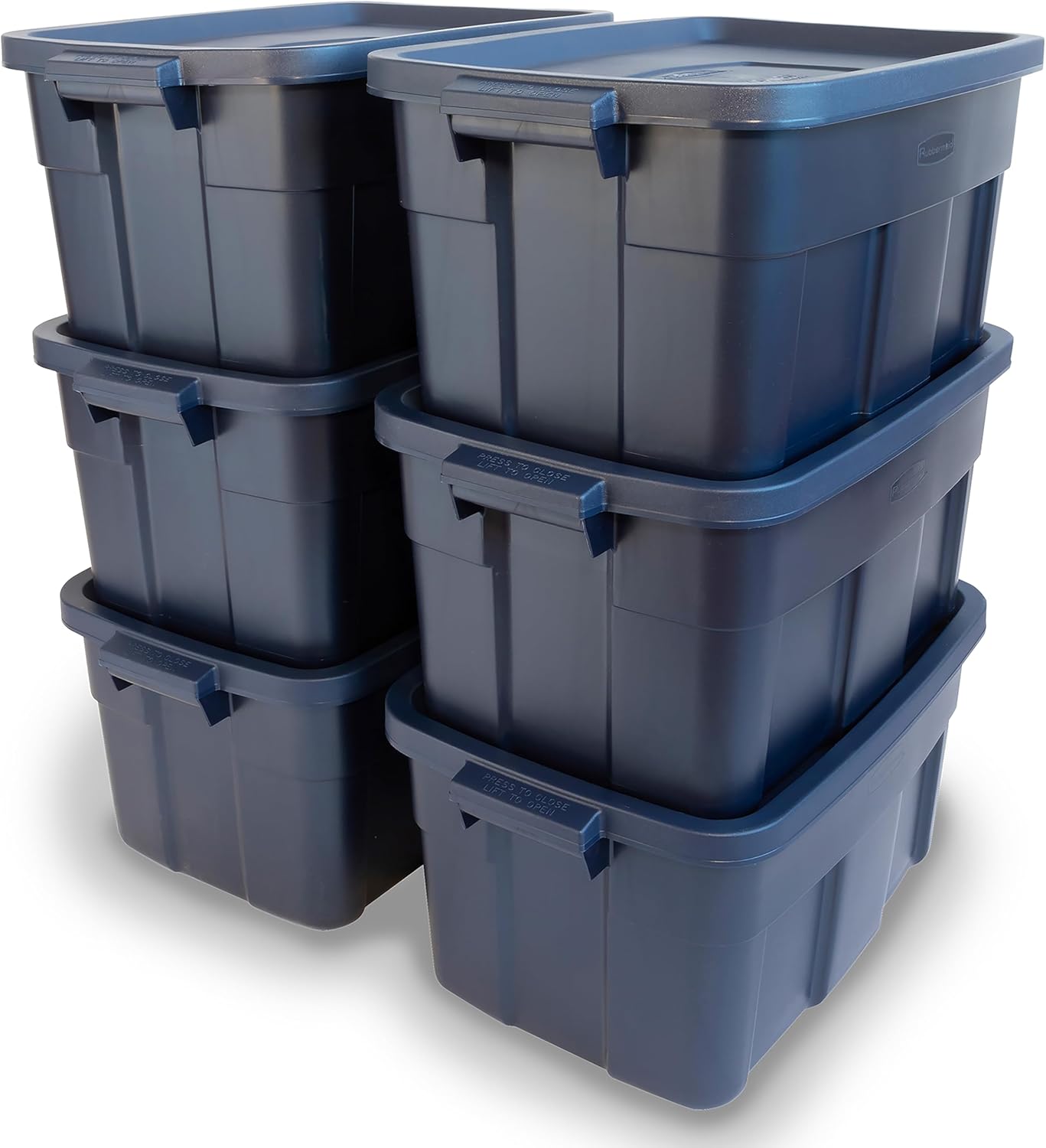 Rubbermaid Roughneck Tote - 14 Gallon Stackable Storage Bins with Lids & Handles | Dark Indigo Metallic, 6 Pack