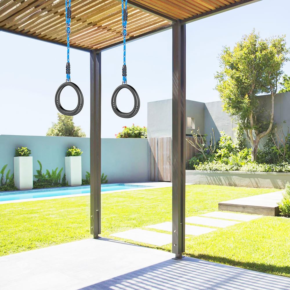 SELEWARE Trapeze Swing Rings, Non-Slip Gymnastic Rings Pull Up Exercise Rings with 3.5ft Adjustable Ropes for Home Gym Playground Ninja Warrior Obstacle Course Training Workout (Black, 2 Pack)