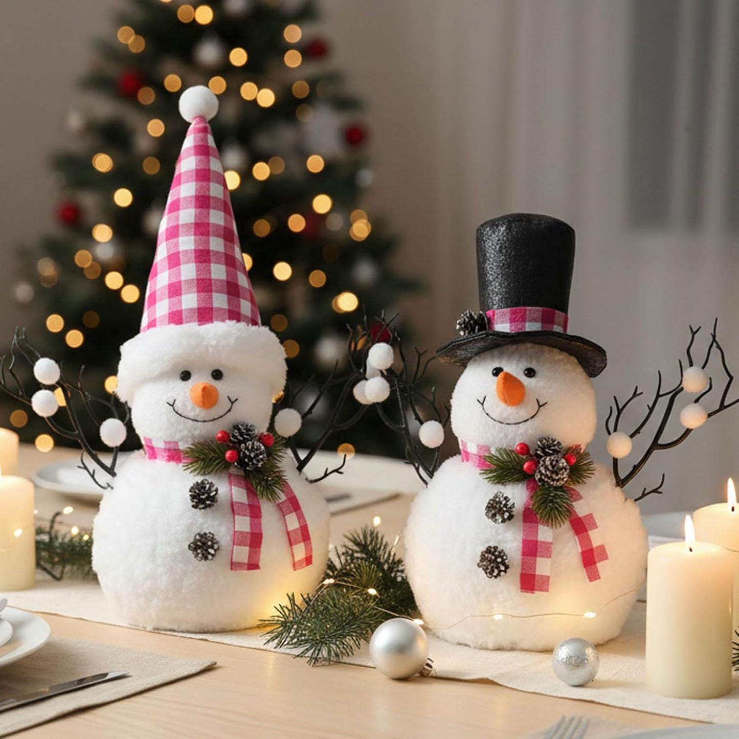 Skiennix Lighted Plush Snowmen Figurines - 14" Christmas Table Decorations | Battery Operated Holiday Ornaments