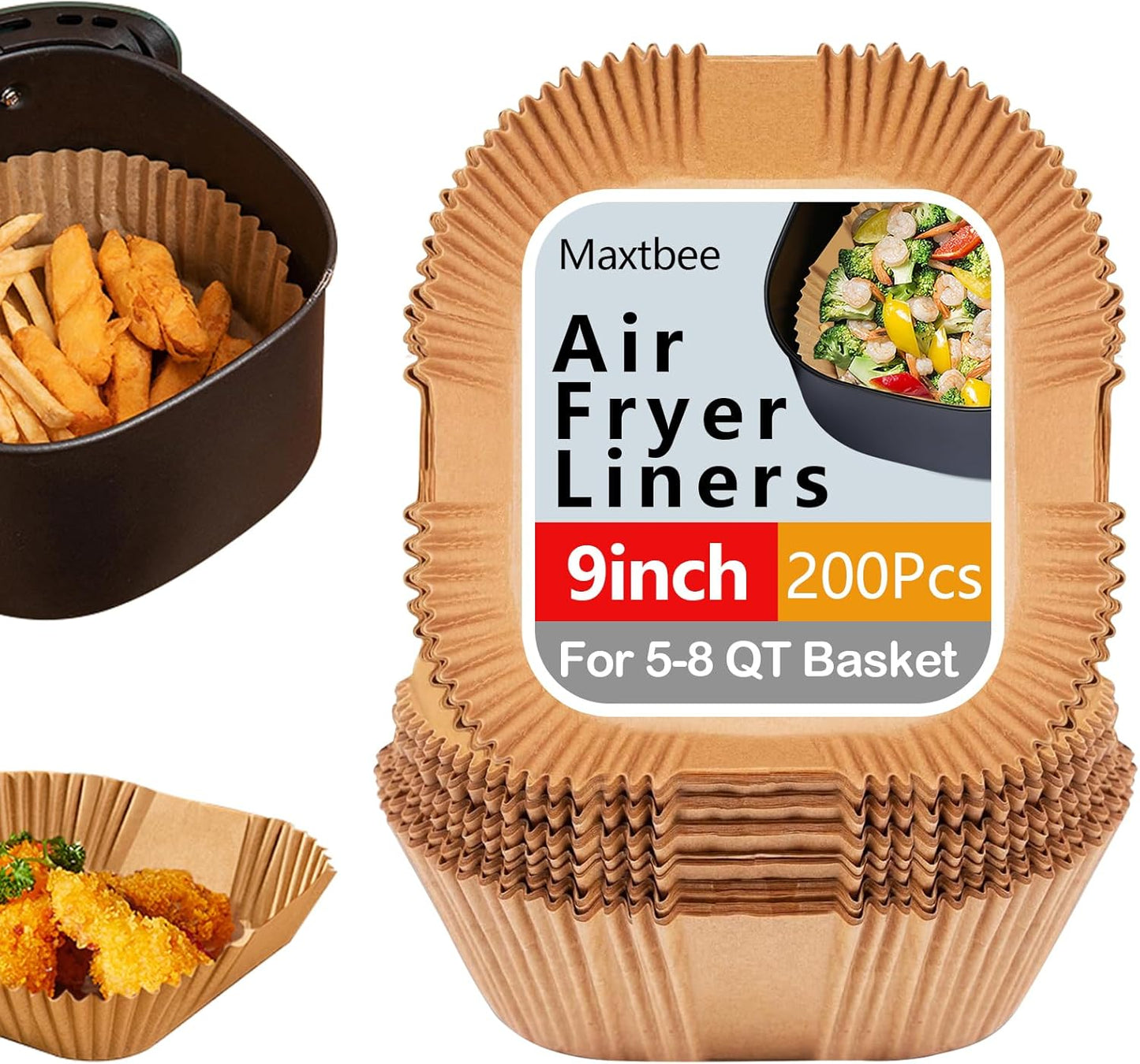 Skiennix 9-Inch Air Fryer Paper Liners - 200PCS Non-Stick, Oil-Proof & Heat-Resistant Parchment