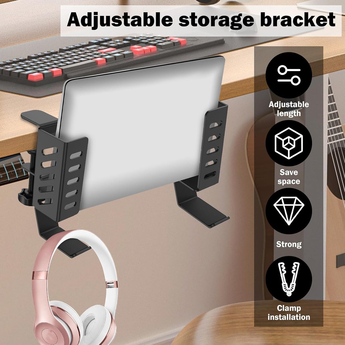 kaimenhong Desk Side Laptop Holder, Desk Side Storage, No Drill Side Desk Organizer, Tablets Hanging Holder, Table Side