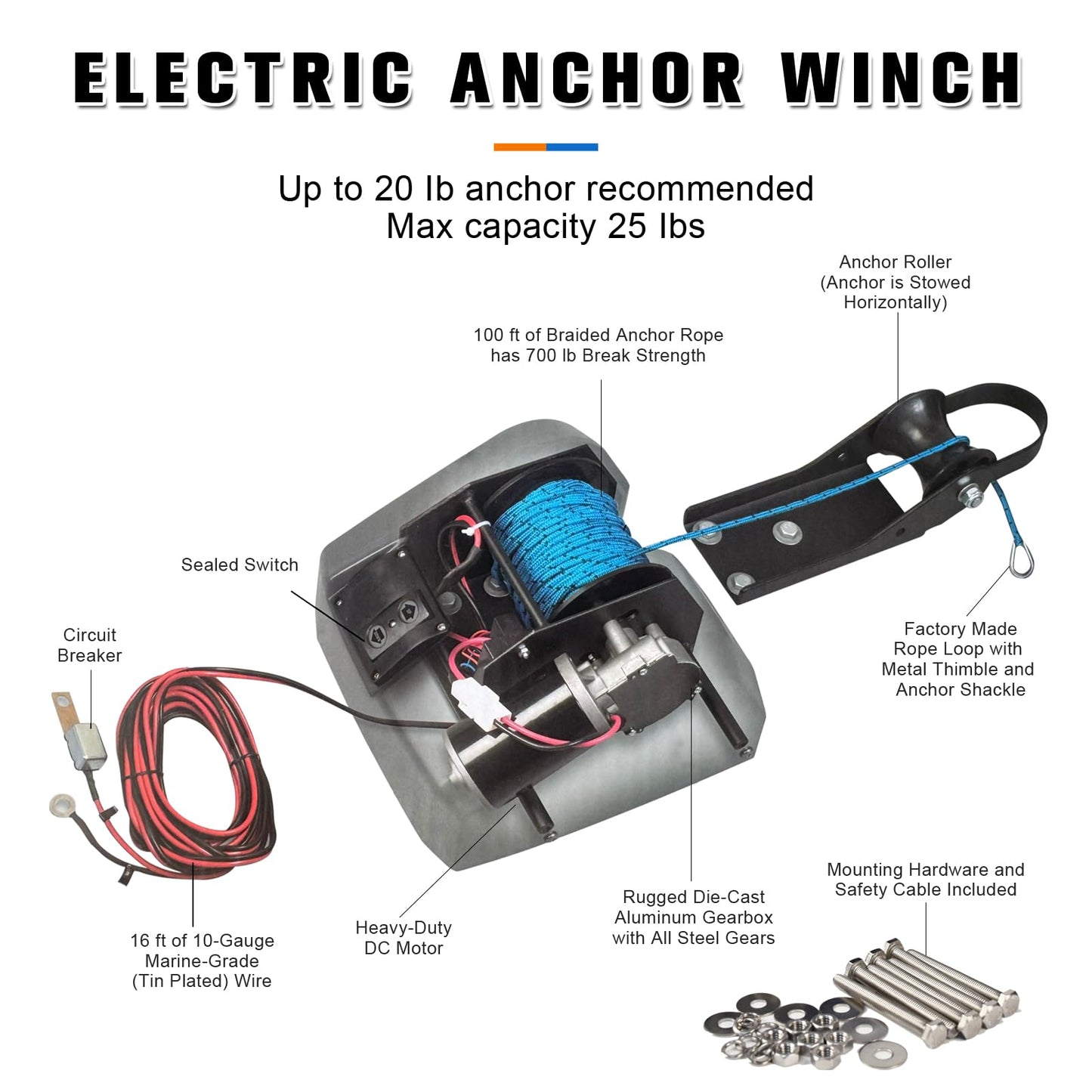 Cygrd Electric Anchor Winch, 25 LBS Marine Windlass, 12V with Remote Control, 100ft Rope, Easy to Operate, Black