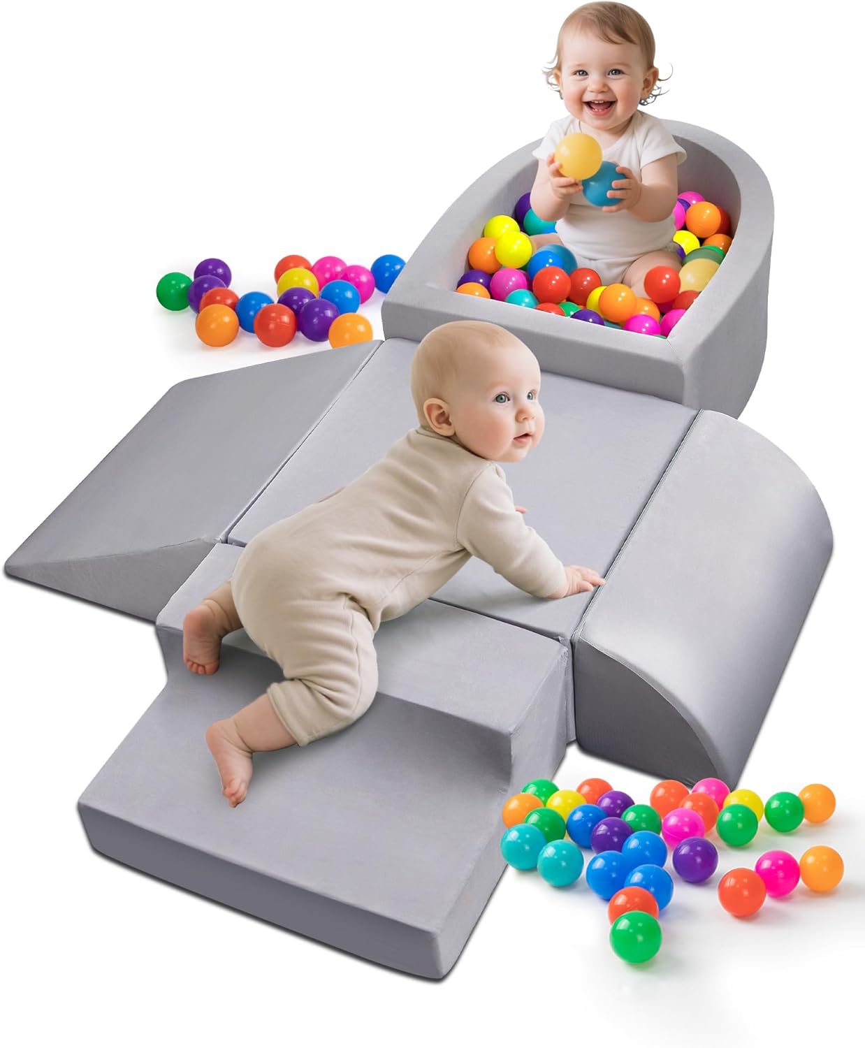 Skiennix Baby Climbing Blocks - Soft Play Set for Crawling Infants 6-12 Months | Anti-Slip Foam Gym (Grey)