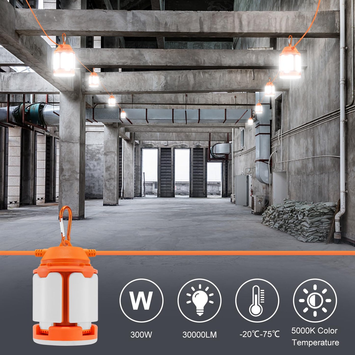 100ft Construction String Lights, 300W LED Industrial Grade 30000LM Super Bright Work String Lights for Construction Sites, Temporary Work, Job site, Indoor and Outdoor Lighting (100ft)
