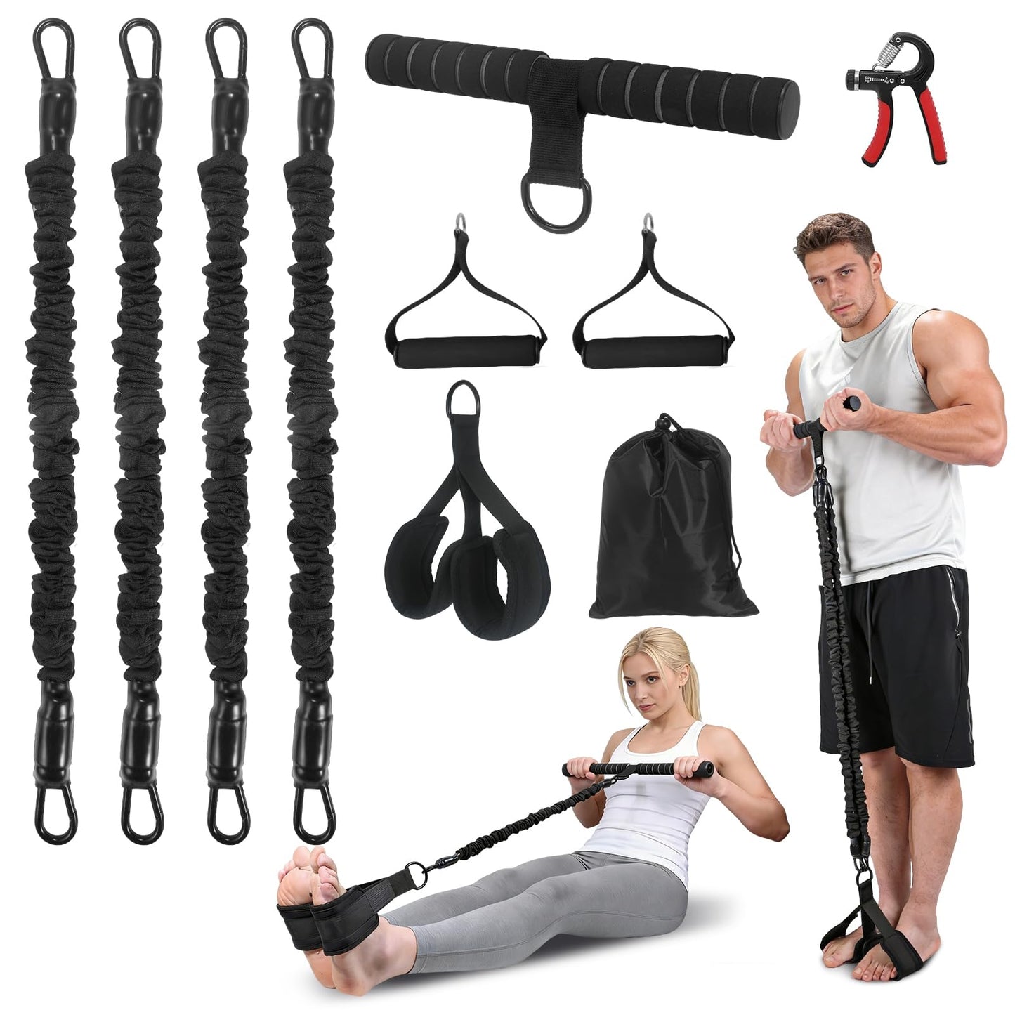 Upgraded Multifunction Pedal Resistance Band with Handle, 4 Tube Adjustable Tube Foot Pedal Device Puller Exercise Bands, for Abs Arm Leg Waist Workout, Sit Up Fitness Equipment for Full Body Training