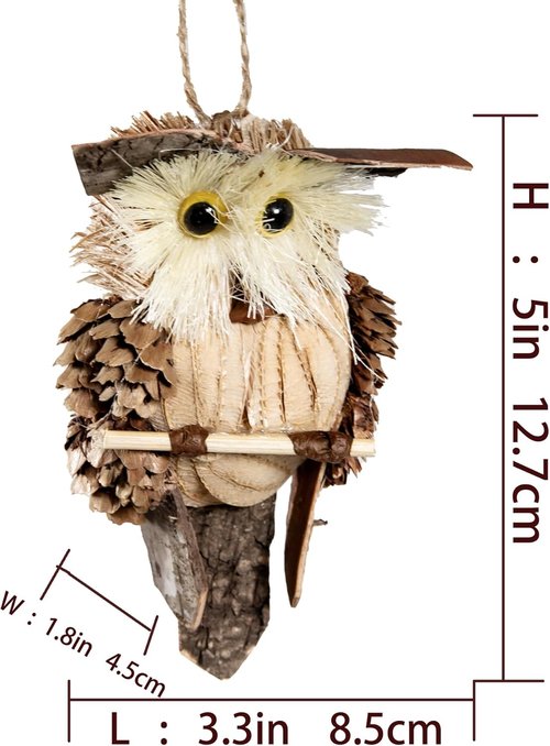 Cartanfill Woodland Animal Owl Ornaments - Set of 6 Assorted Wood & Sisal for Christmas & Thanksgiving