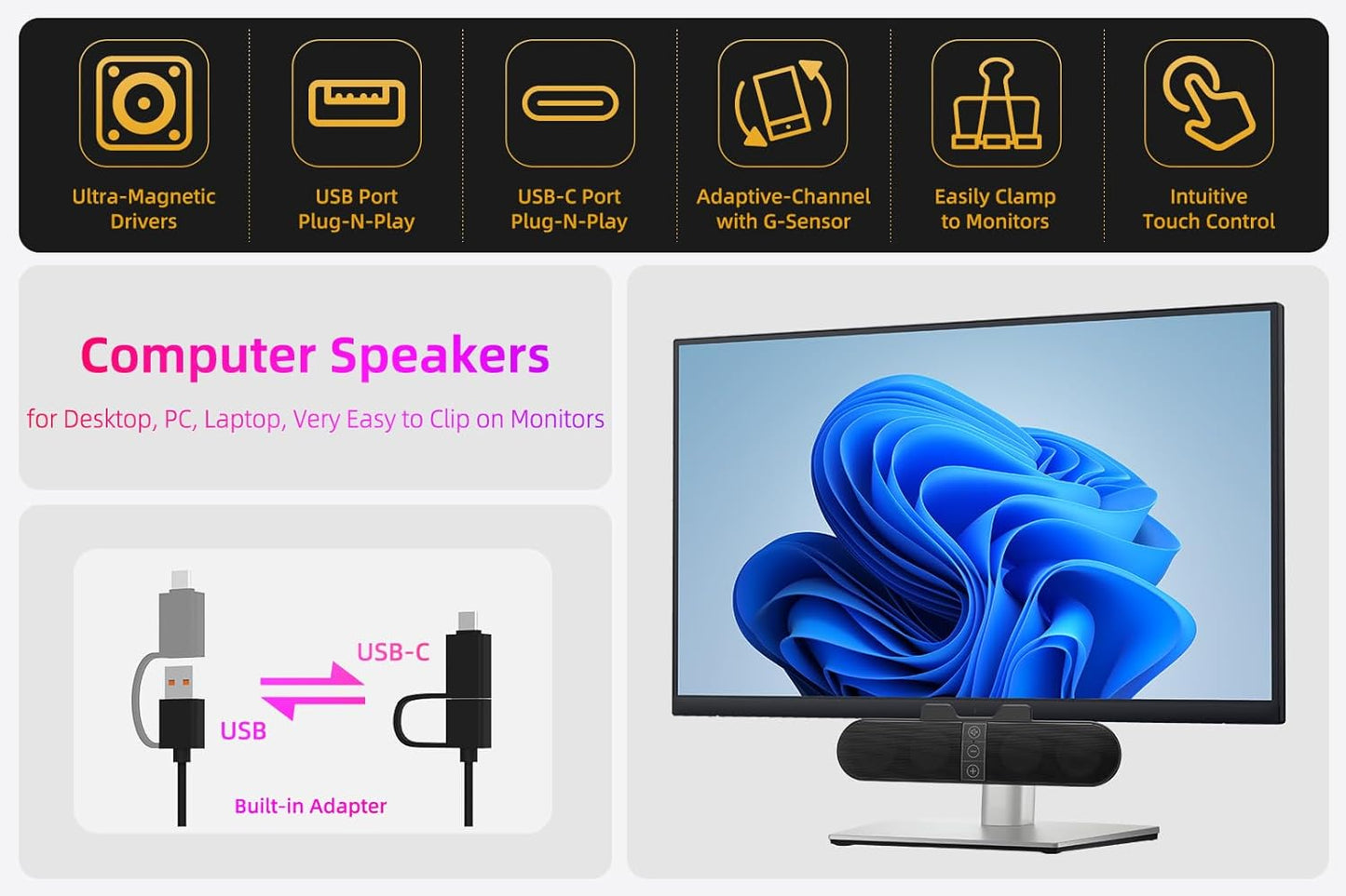 XKX Computer Speakers for Desktop PC Monitor, USB Plug-in, Wired, Computer Soundbar for PC, Laptop Speakers