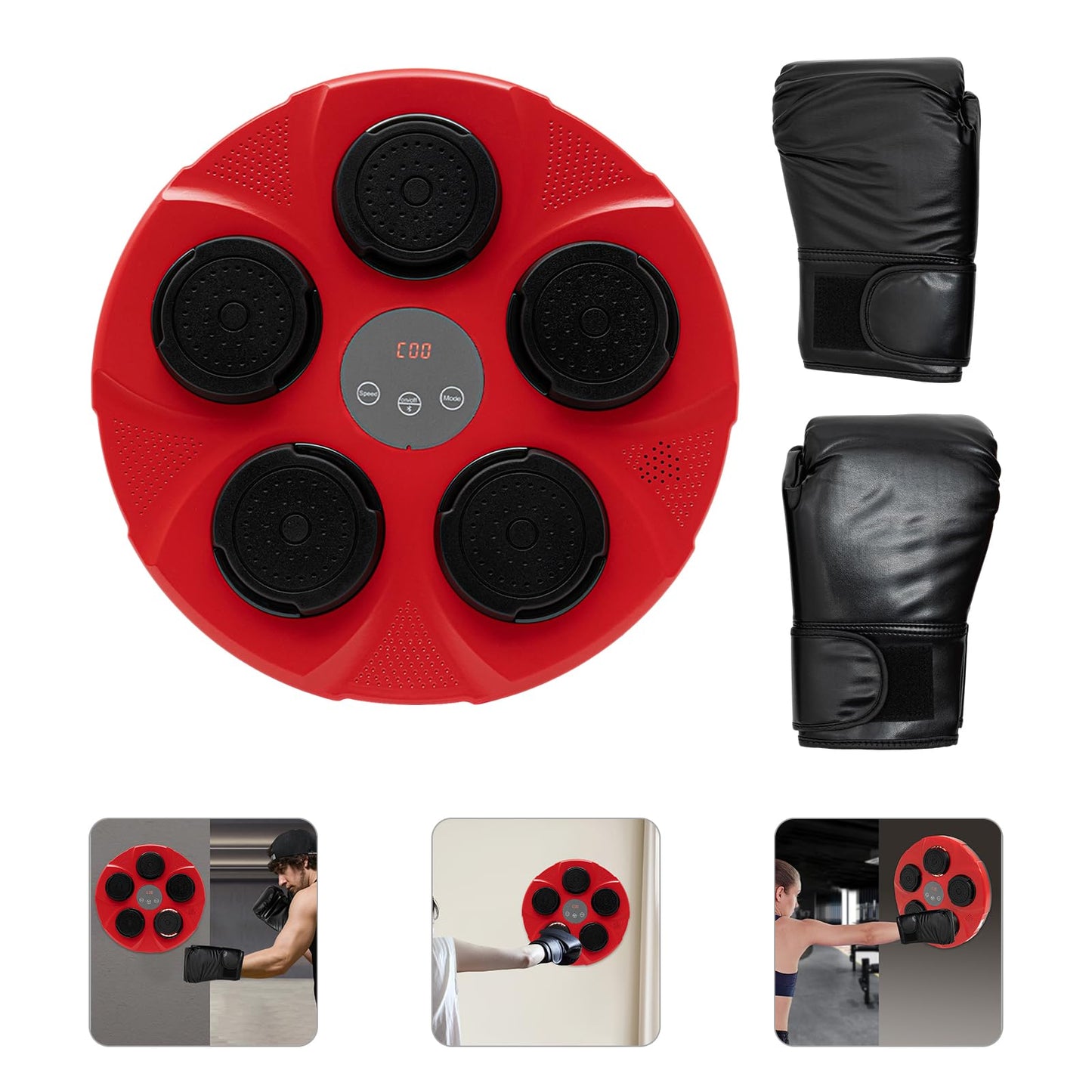 Wall Mount Boxing Machine Trainer, Music Interactive Punch Pad with Red & Black Gloves, Home Fitness Training Equipment for Cardio, Stress Relief, Adults & Teens