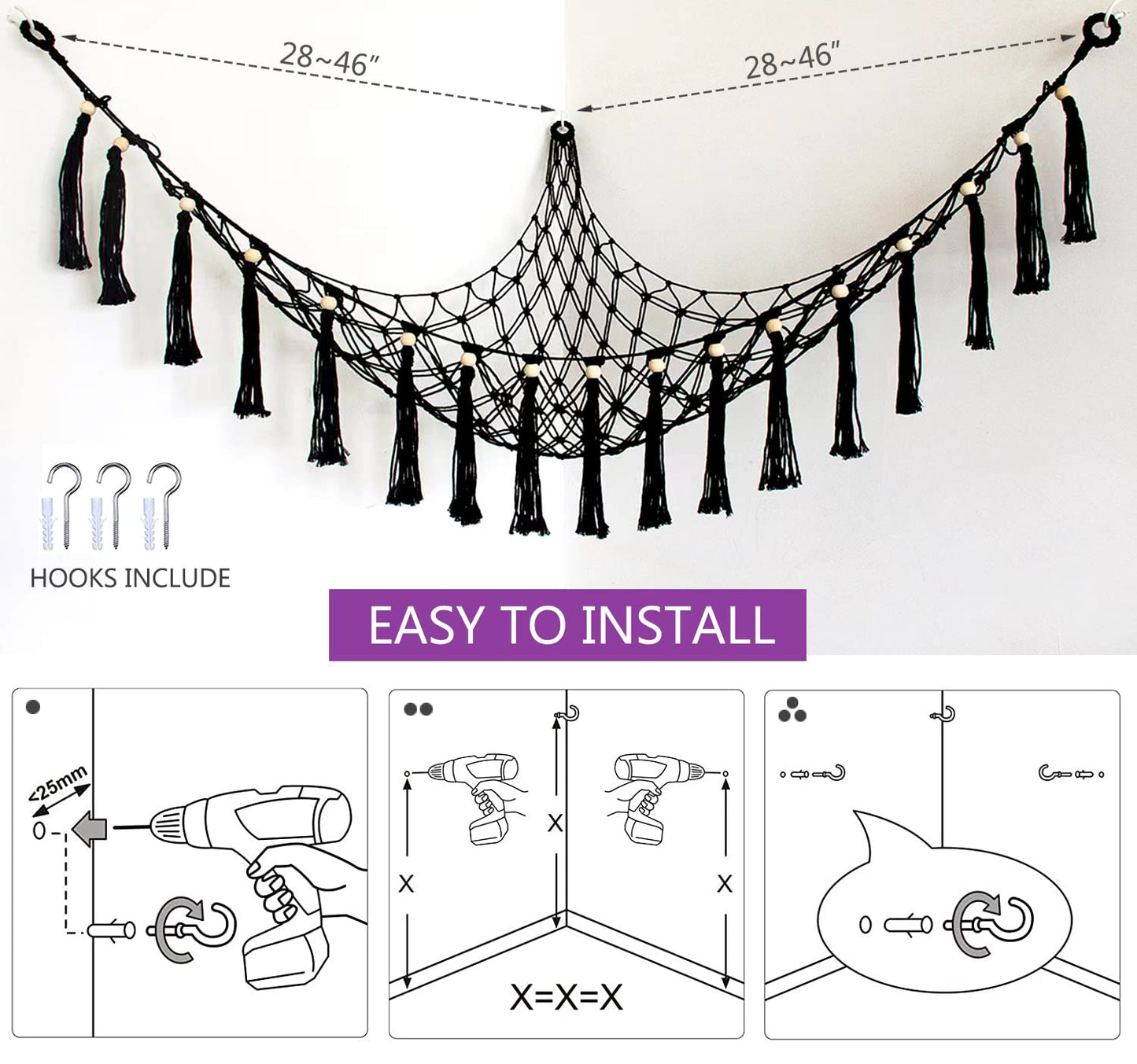 Diocos Exercise Ball Holder Wall Mounted Yoga Ball Rack Corner Hanging Net or Hammock for Fitness Ball,Balance Ball, Stability Ball Shelf for Yoga Studio and Gym