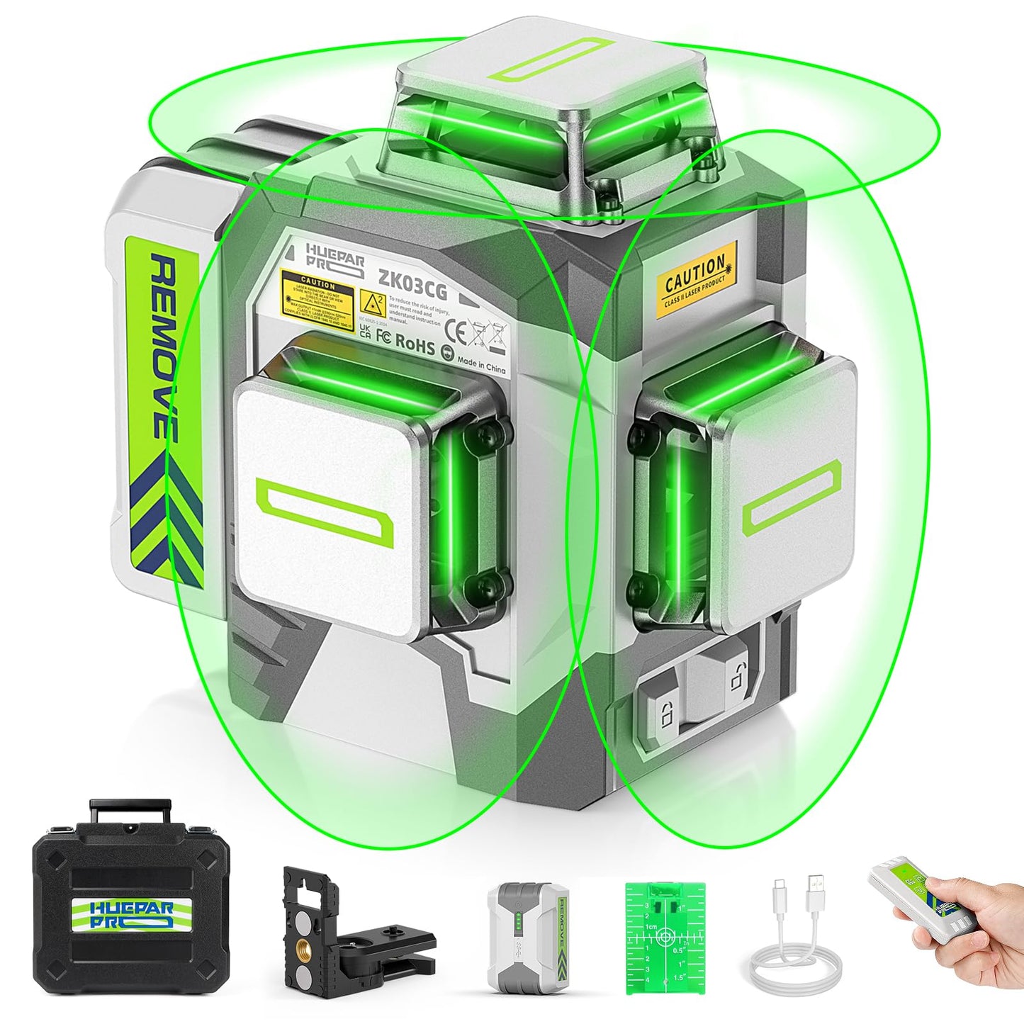 Huepar Pro Laser Level 360 Self Leveling, 3x360° High Accuracy Green Cross Line Laser for Construction and Picture Hanging, 12 Lines Level Laser Tool with Rechargeable Battery & Remote Control