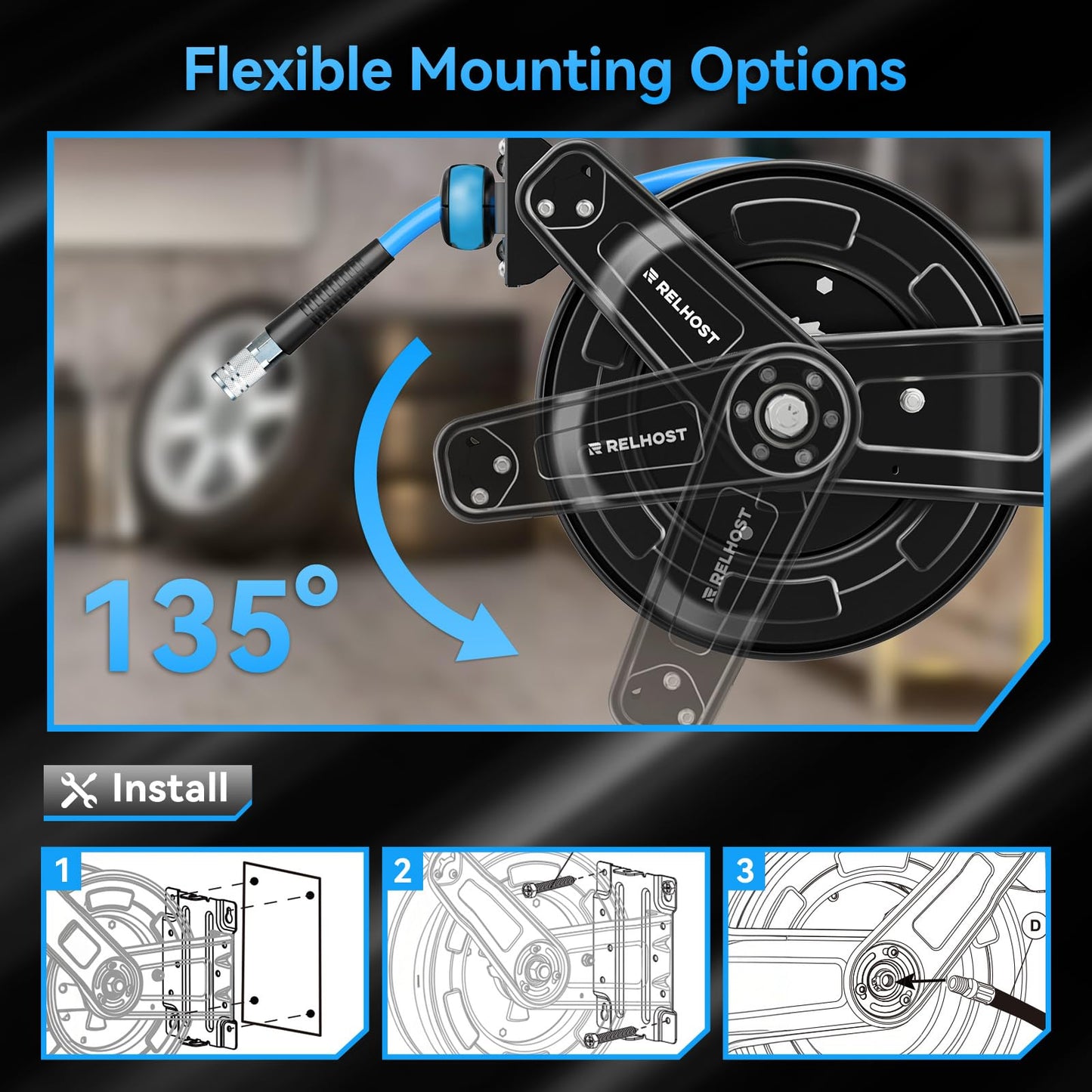 Relhost Retractable Air Hose Reel, 50 ft x 3/8 in Hybrid Air Hose Max 300PSI, Heavy Duty Air Compressor Hose Reel with Auto Rewind, Ceiling/Wall Mount for Garage, Workshop, Home Studio
