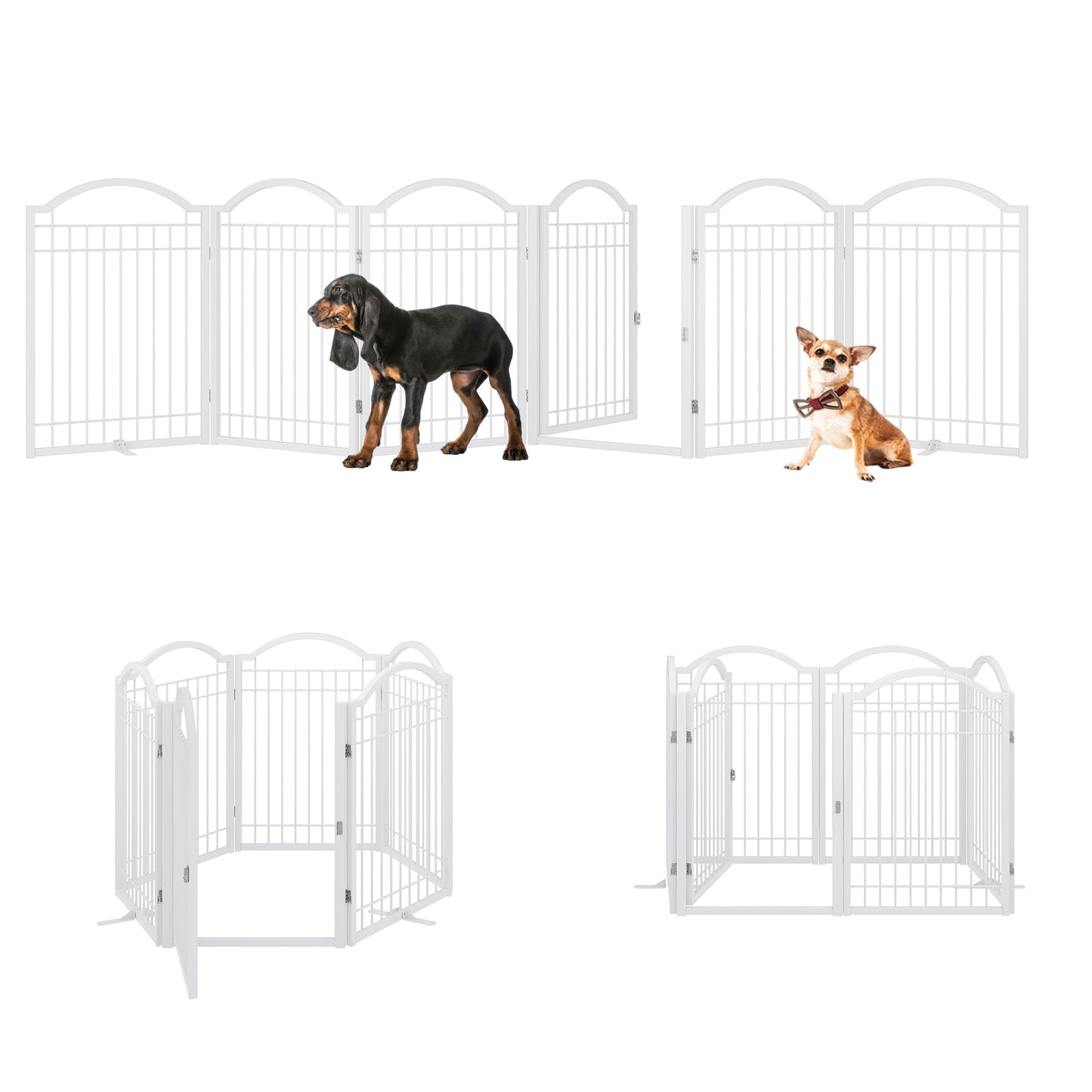 BHG Metal No-Assembly Freestanding Dog Gate with Door Walk Through, Extra Wide 144", Extra Tall 32" Pet Gate, Accordion Puppy Folding Playpen Dog Fence, with 2PCS Support (White, 6 panesl)